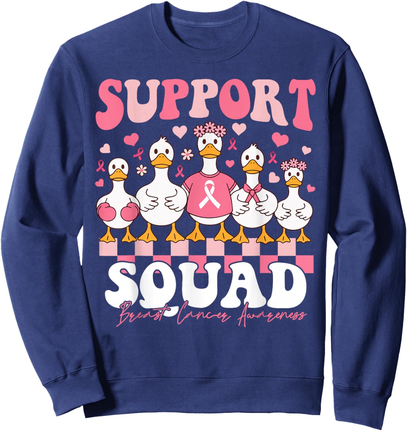 Support Squad Goose Breast Cancer Coquette Bow Pink Ribbons Sweatshirt - Sweatshirt | Navy