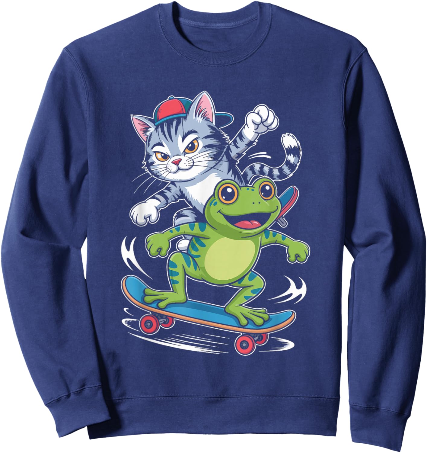 Skateboarding Cat with Frog Sidekick Line Art Sweatshirt - Sweatshirt | Navy