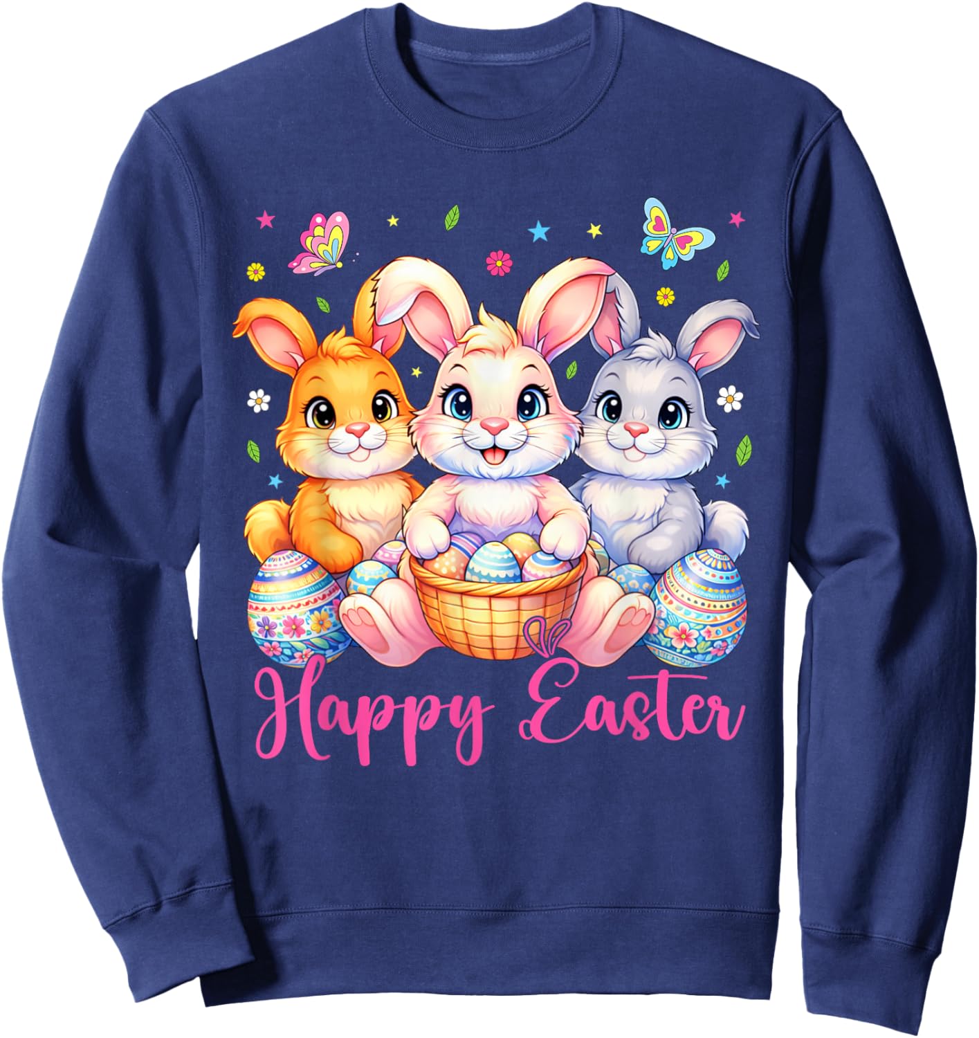 Happy Easter 2026 Cute Bunny Rabbit Easter Day Women Girls Sweatshirt - Sweatshirt | Navy