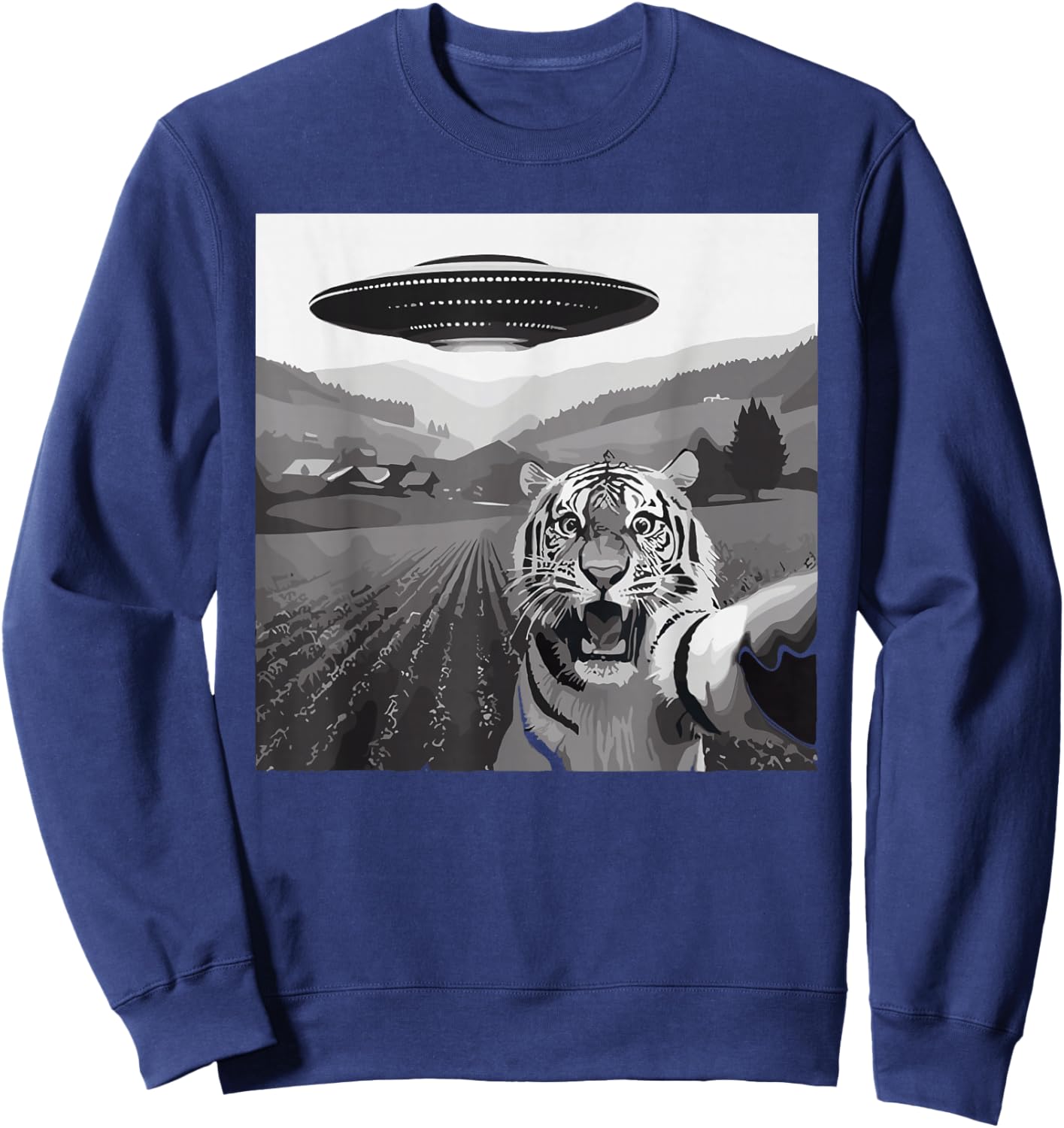 Tiger UFO Alien Funny Sci Fi Animal Men Women Kids Sweatshirt - Sweatshirt | Navy