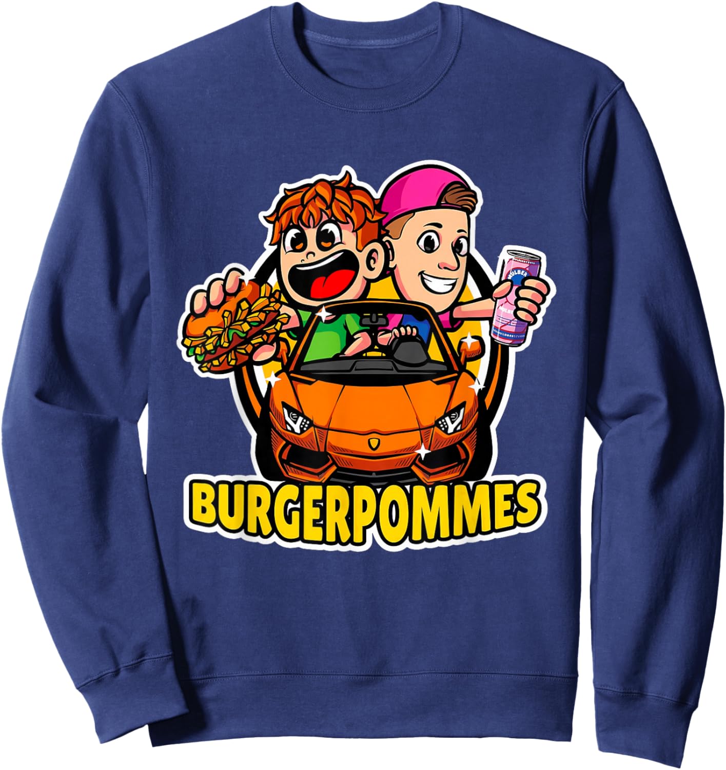 Burger Pommes Sportwagen Comic Style Fast Food Sweatshirt - Sweatshirt | Navy