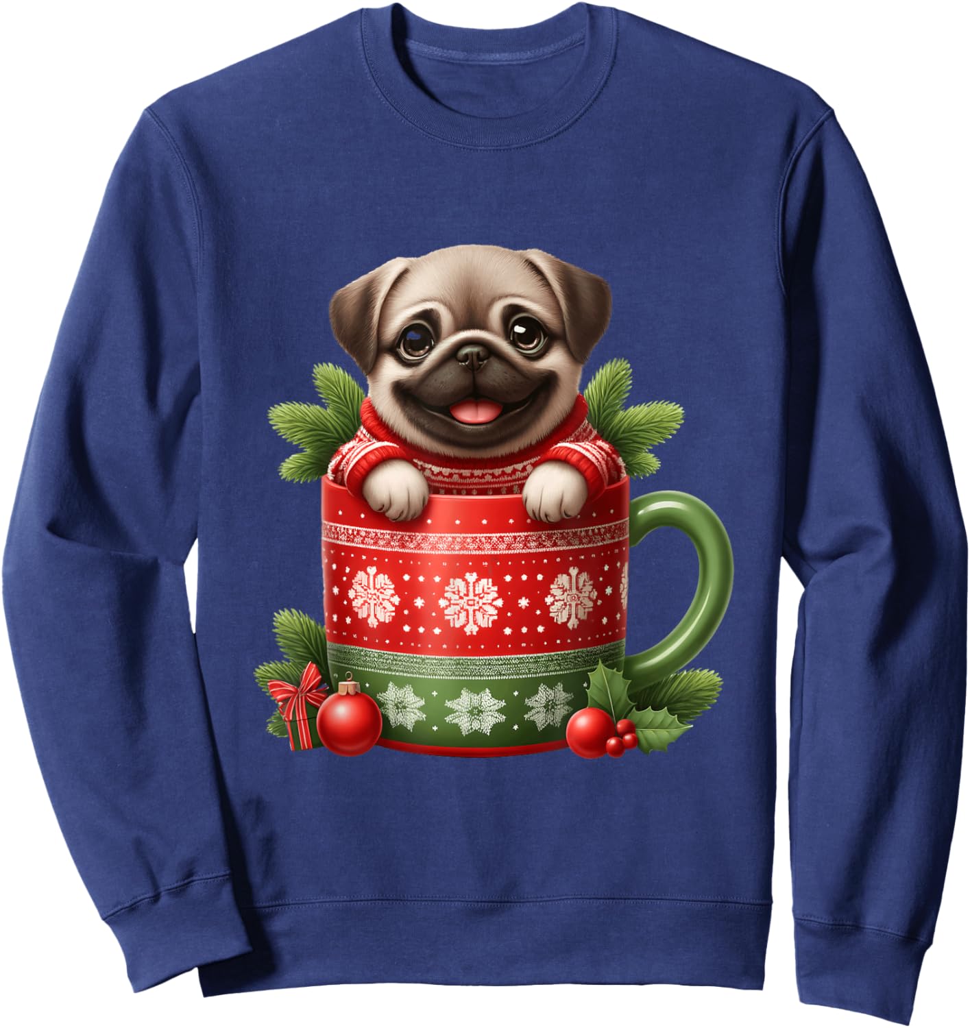 Joyful Pug in Festive Mug Cozy Christmas Sweatshirt - Sweatshirt | Navy