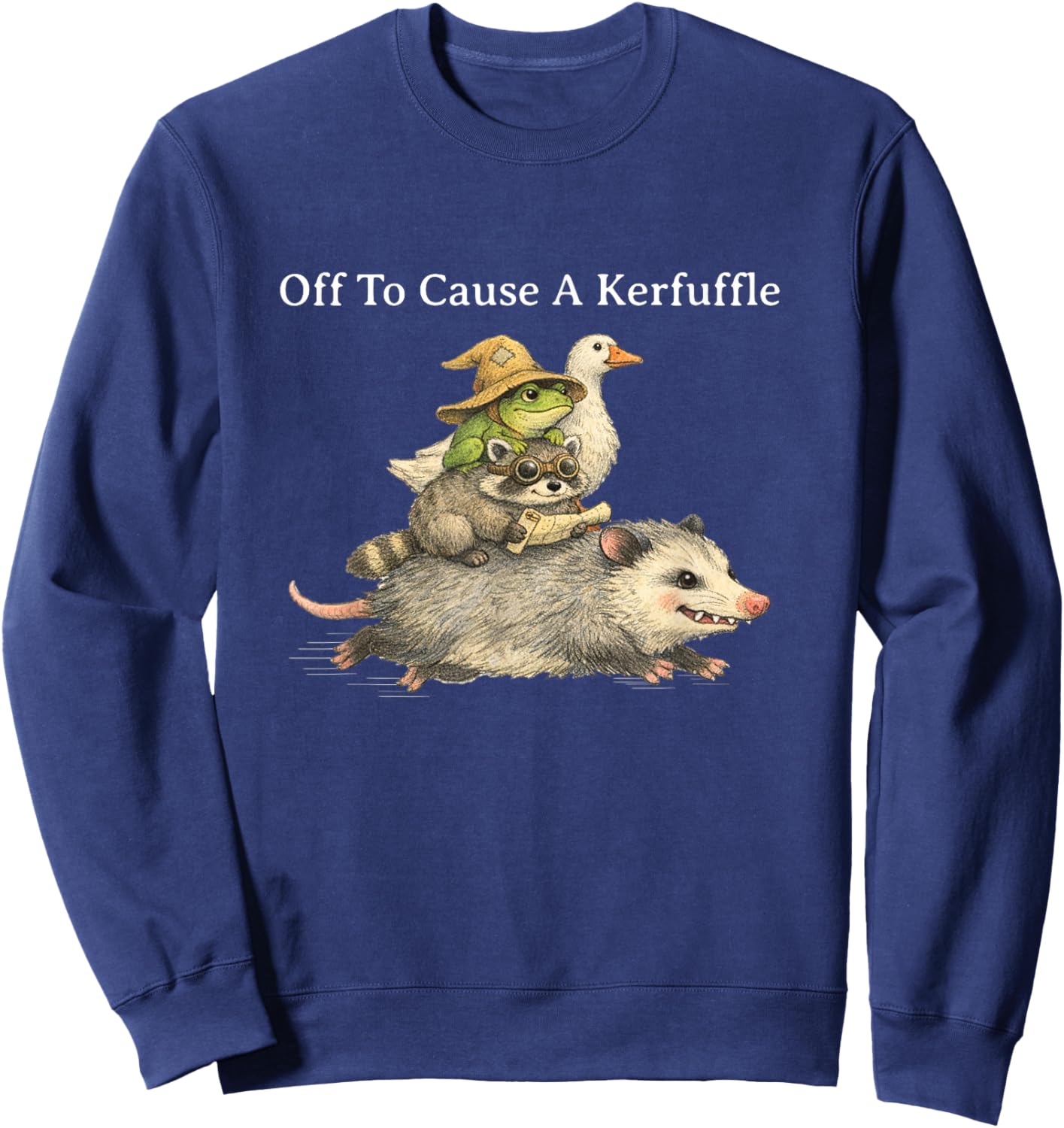 Off to Cause A Kerfuffle Frog Raccoon Goose Sweatshirt - Sweatshirt | Navy