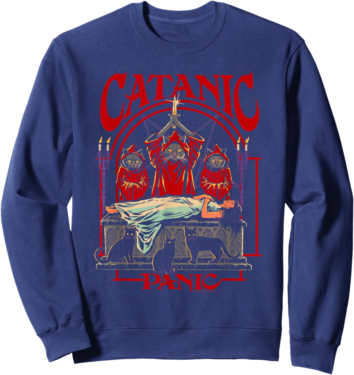 Steven Rhodes Catanic Panic Black Cats Retro Dark Humor Sweatshirt - Sweatshirt | Navy
