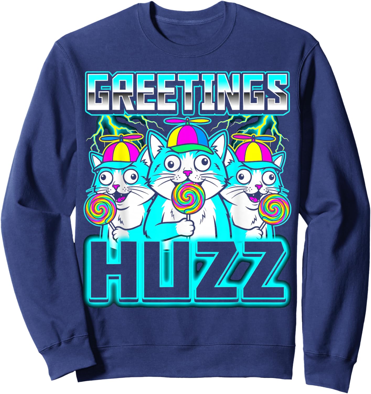 Greetings Huzz Meme Brainrot Cat Funny Gen Z Alpha Slang Sweatshirt - Sweatshirt | Navy