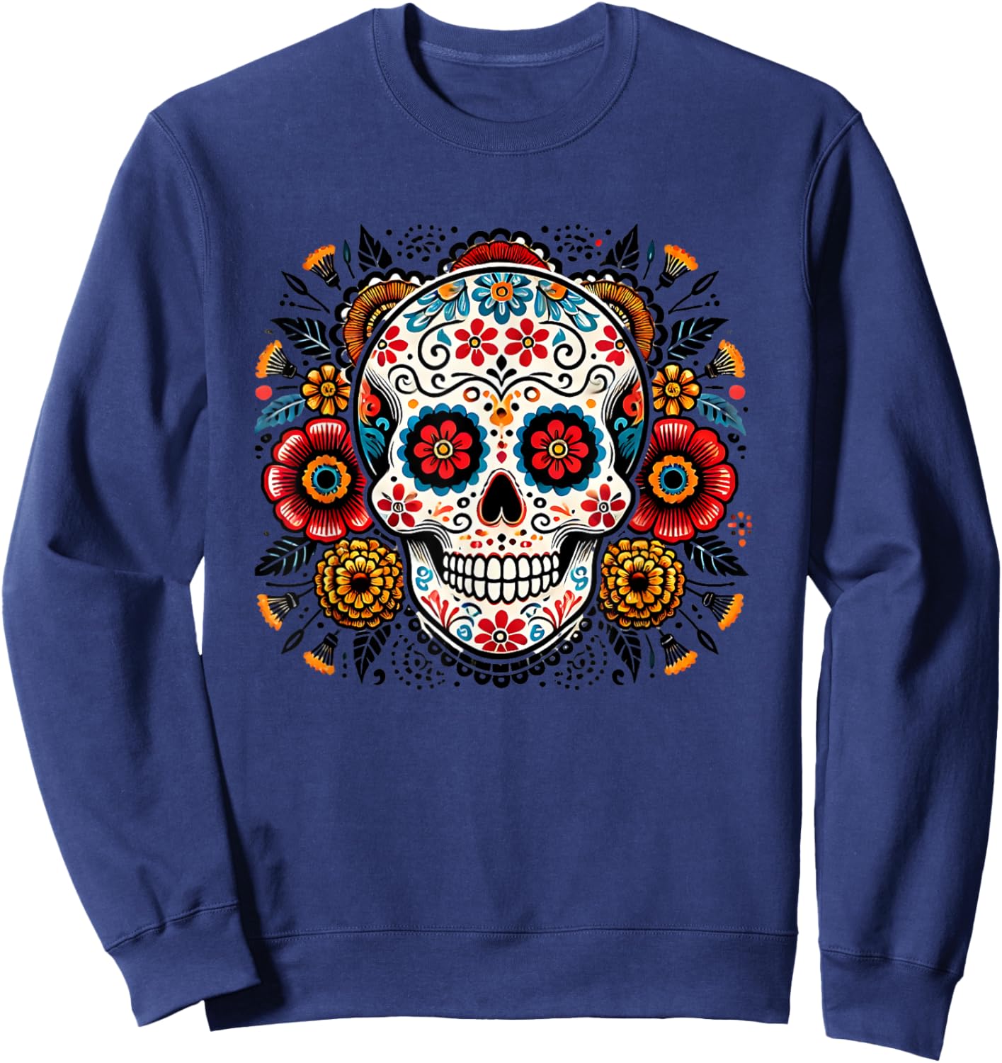 Sugar Skull Floral Art Men Women Sweatshirt - Sweatshirt | Navy