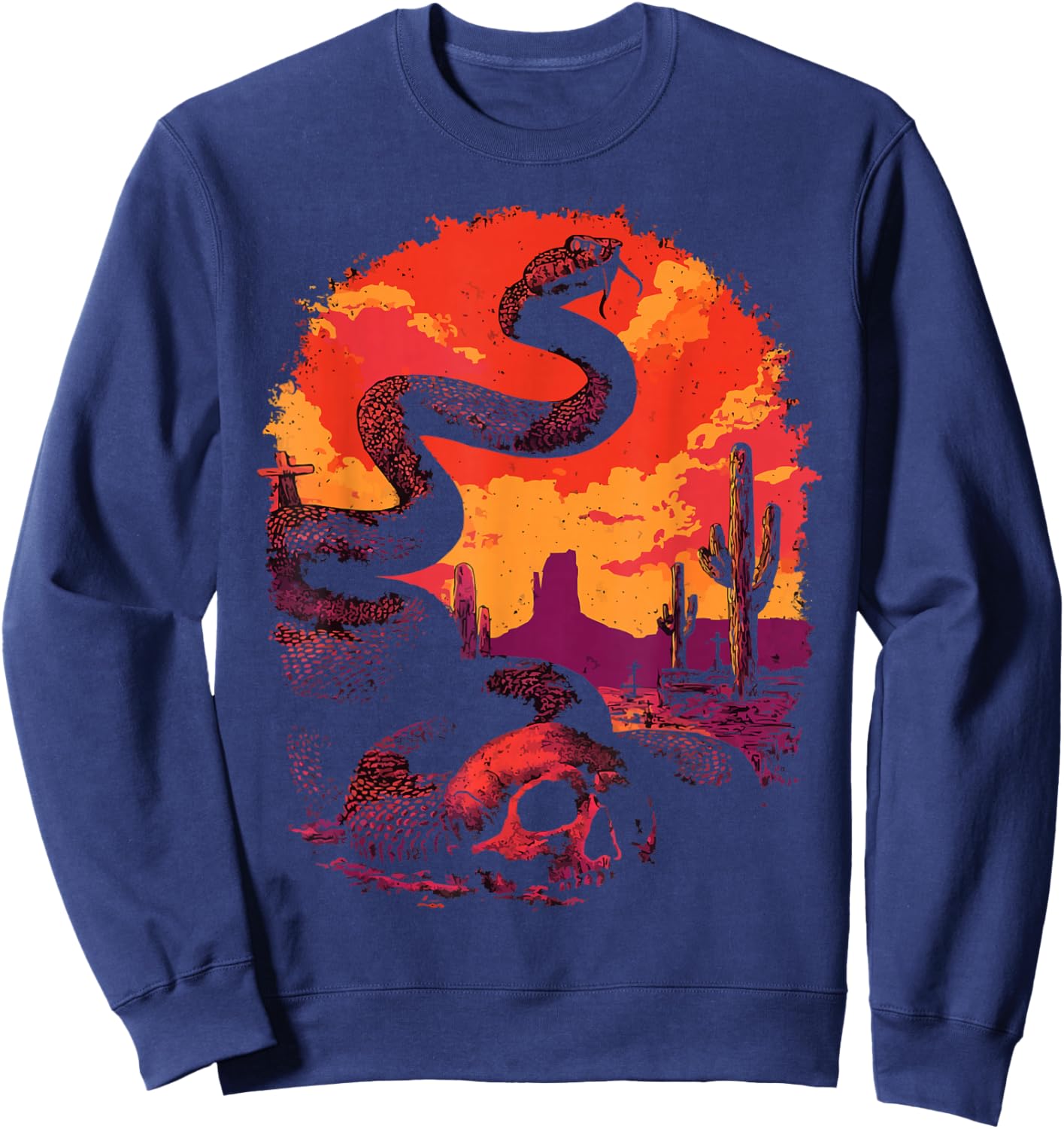 Rattlesnake with Skull Desert Snake Western Gothic Sunset Sweatshirt - Sweatshirt | Navy