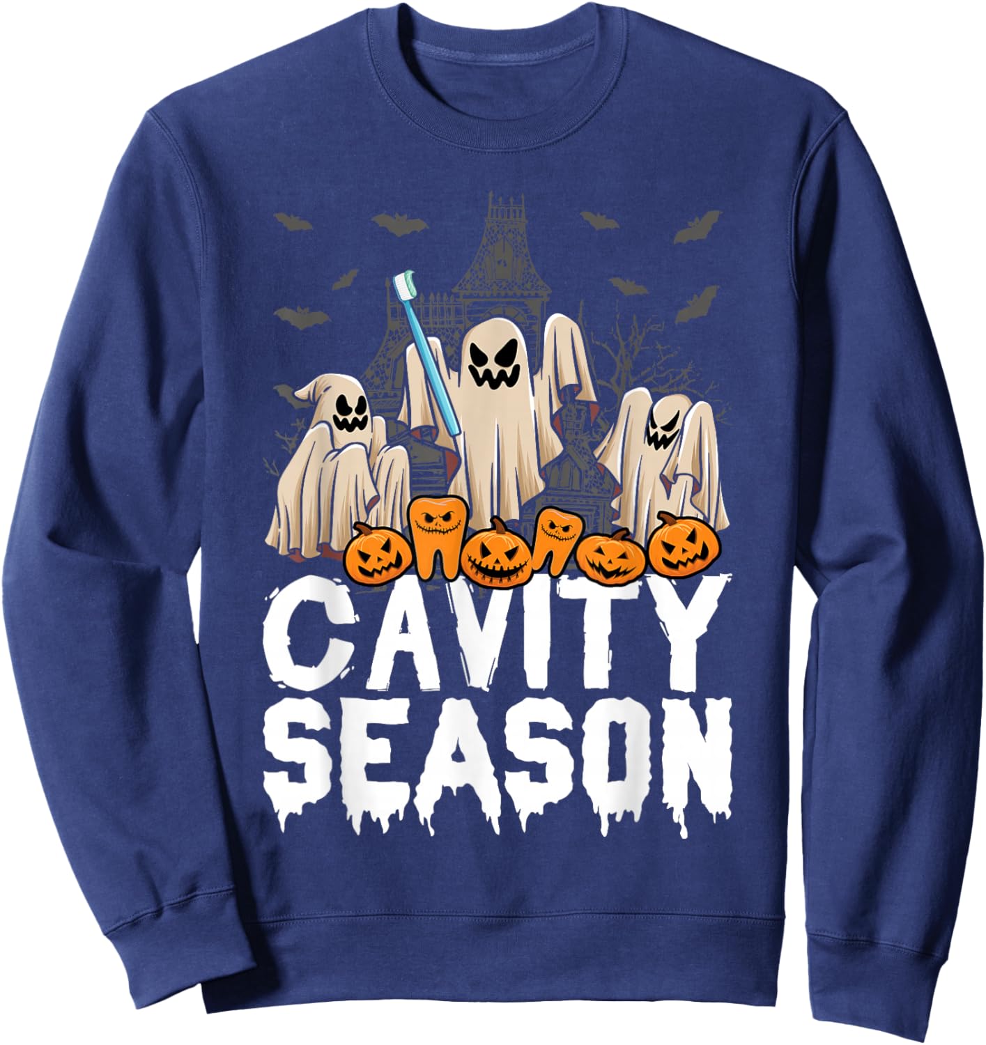 Cavity Season Halloween Funny Dental Ghosts And Toothbrush Sweatshirt - Sweatshirt | Navy