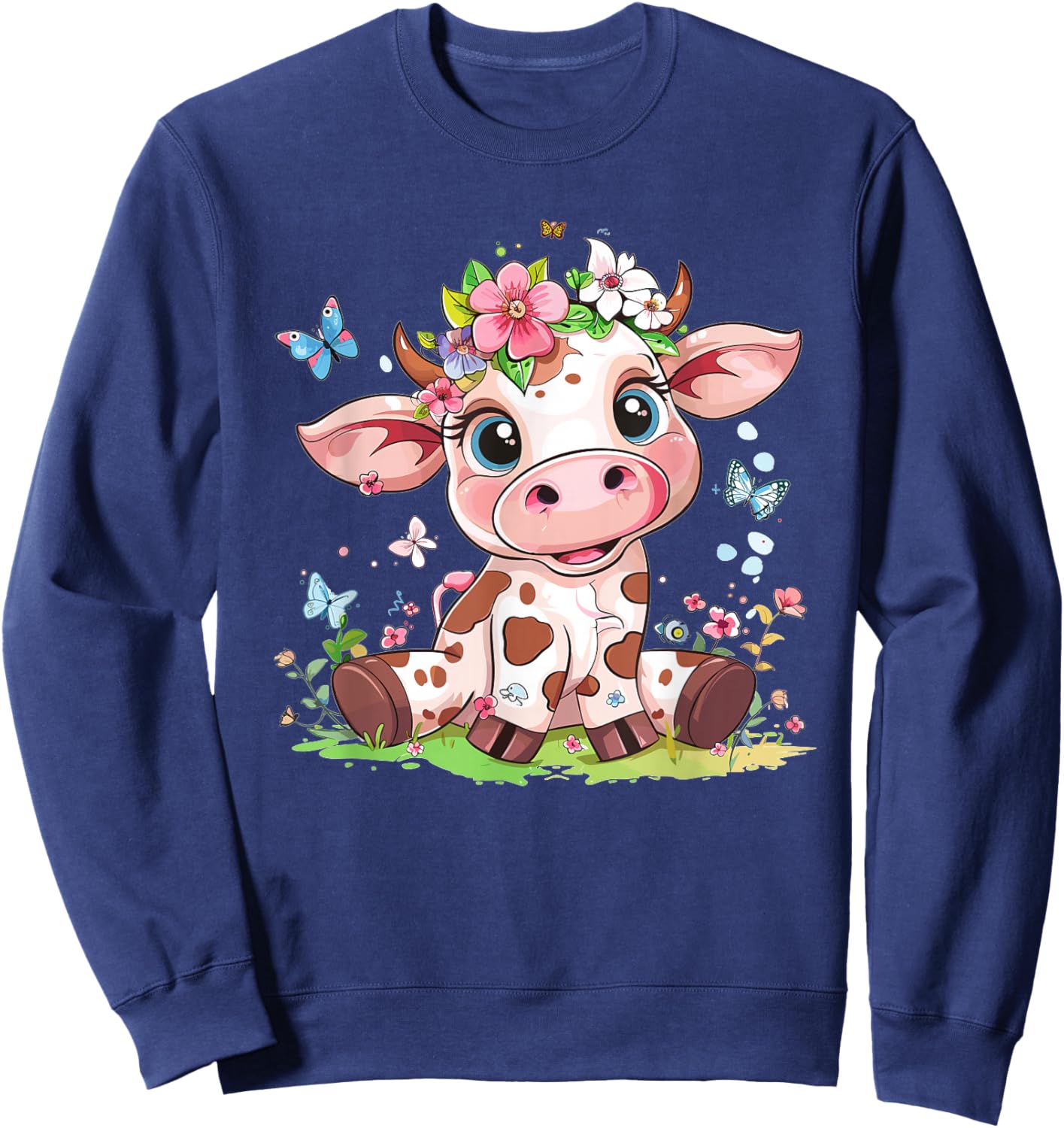 Cute Cow with Flowers I Kids Cow Sweatshirt - Sweatshirt | Navy