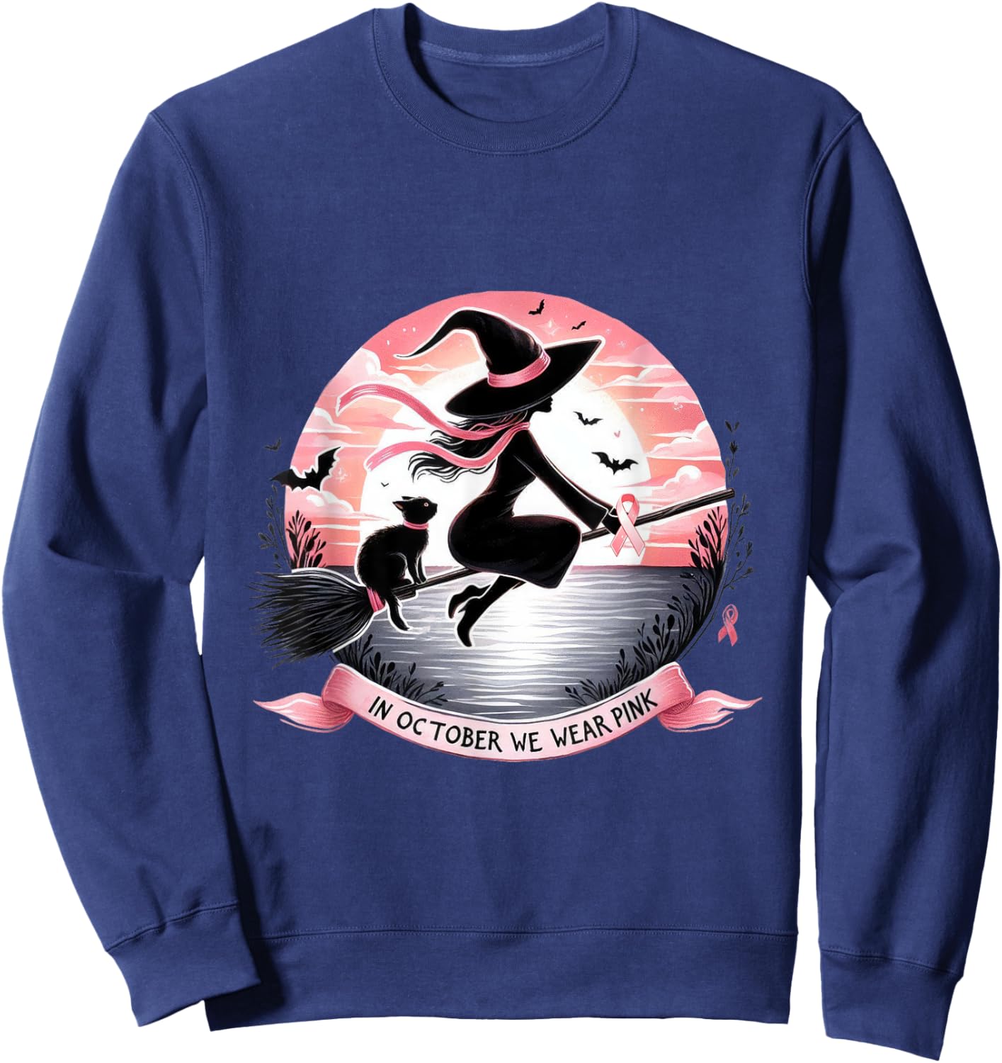 Witch In October We Wear Pink Ribbon Breast Cancer Awareness Sweatshirt - Sweatshirt | Navy