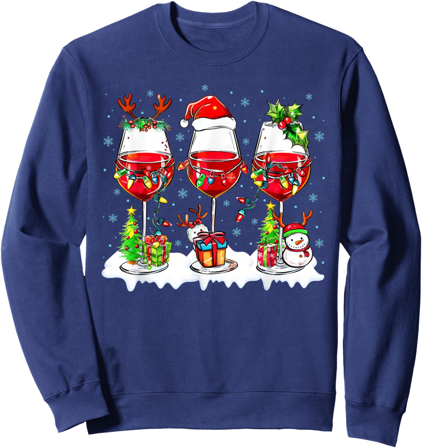 Wine Glass Santa Hat Xmas Funny Christmas 2025 Men Women Sweatshirt - Sweatshirt | Navy