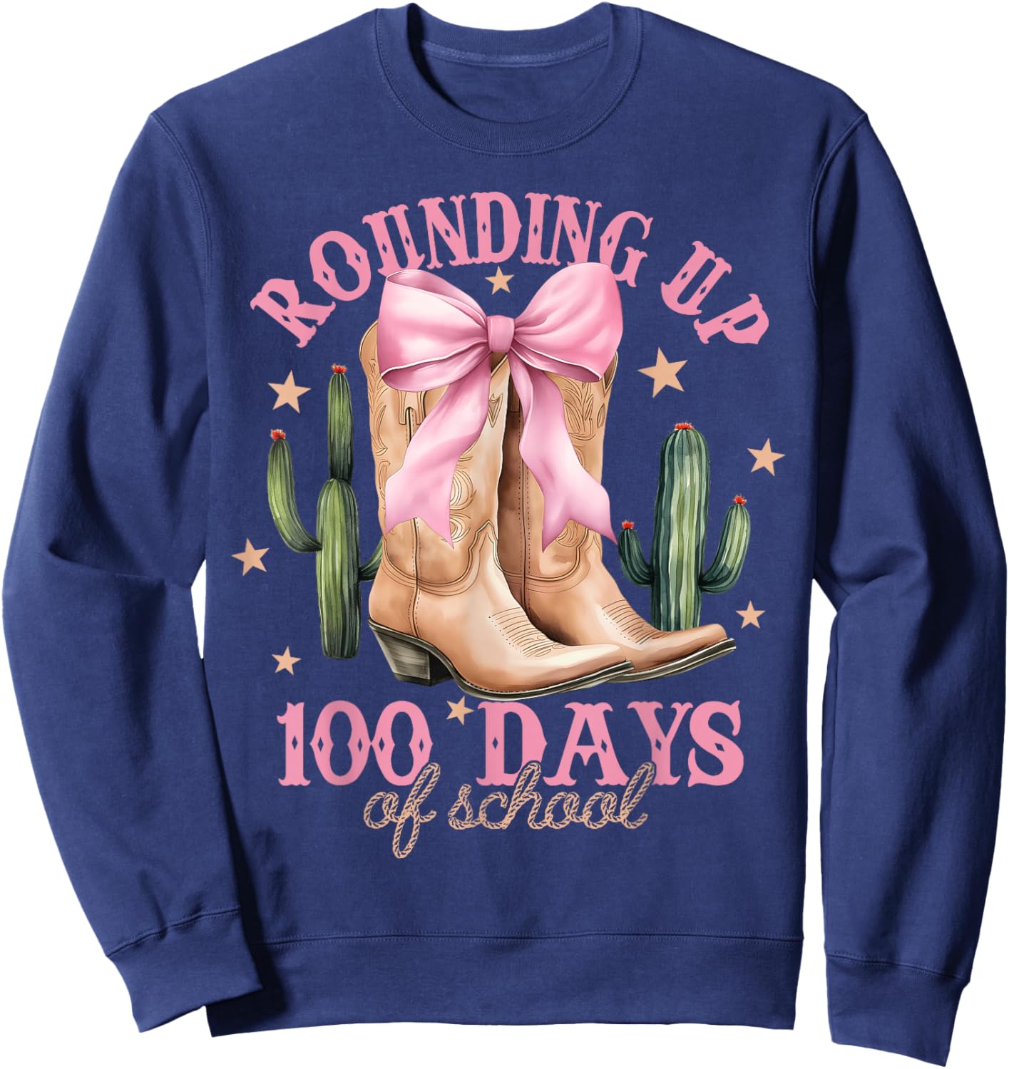 Rounding Up 100 Days Of School Pink Coquette Bow Teacher Sweatshirt - Sweatshirt | Navy
