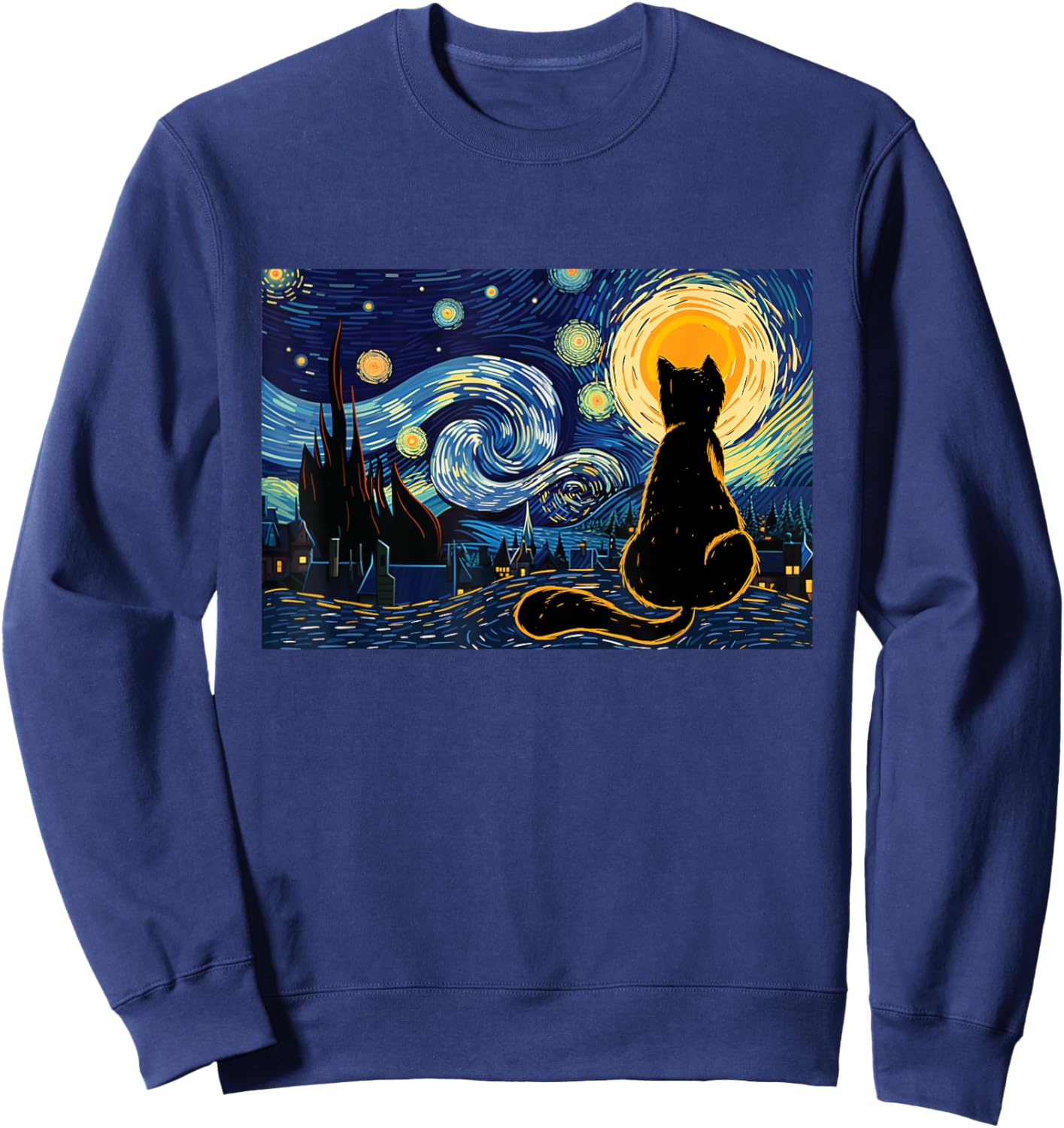 Cat Lookig At Starry Night - Cat Lover Kitten Owner Kitty Men Women Girls Kids Sweatshirt - Sweatshirt | Navy