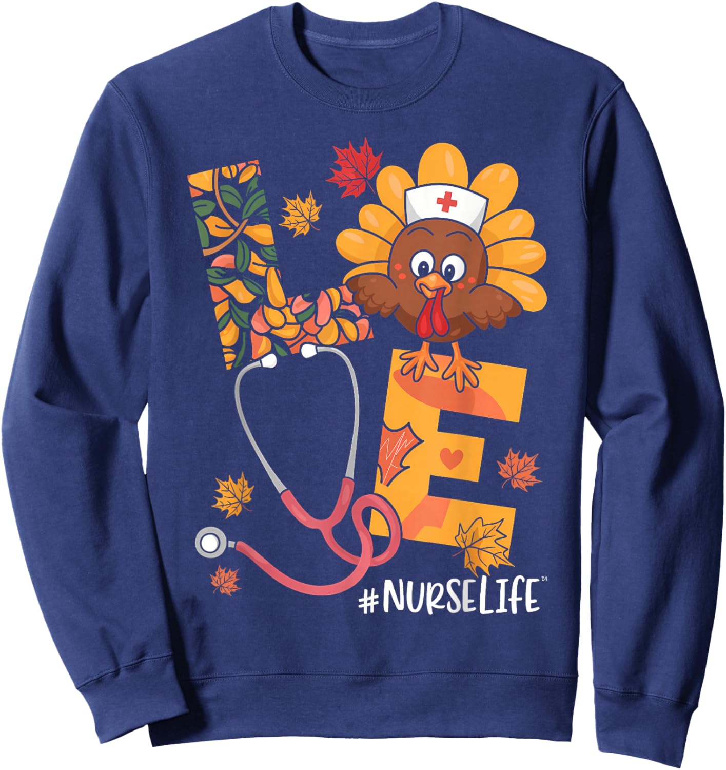 Turkey Nurse Thanksgiving Fall Scrub Nursing RN ICU ER Nicu Sweatshirt - Sweatshirt | Navy
