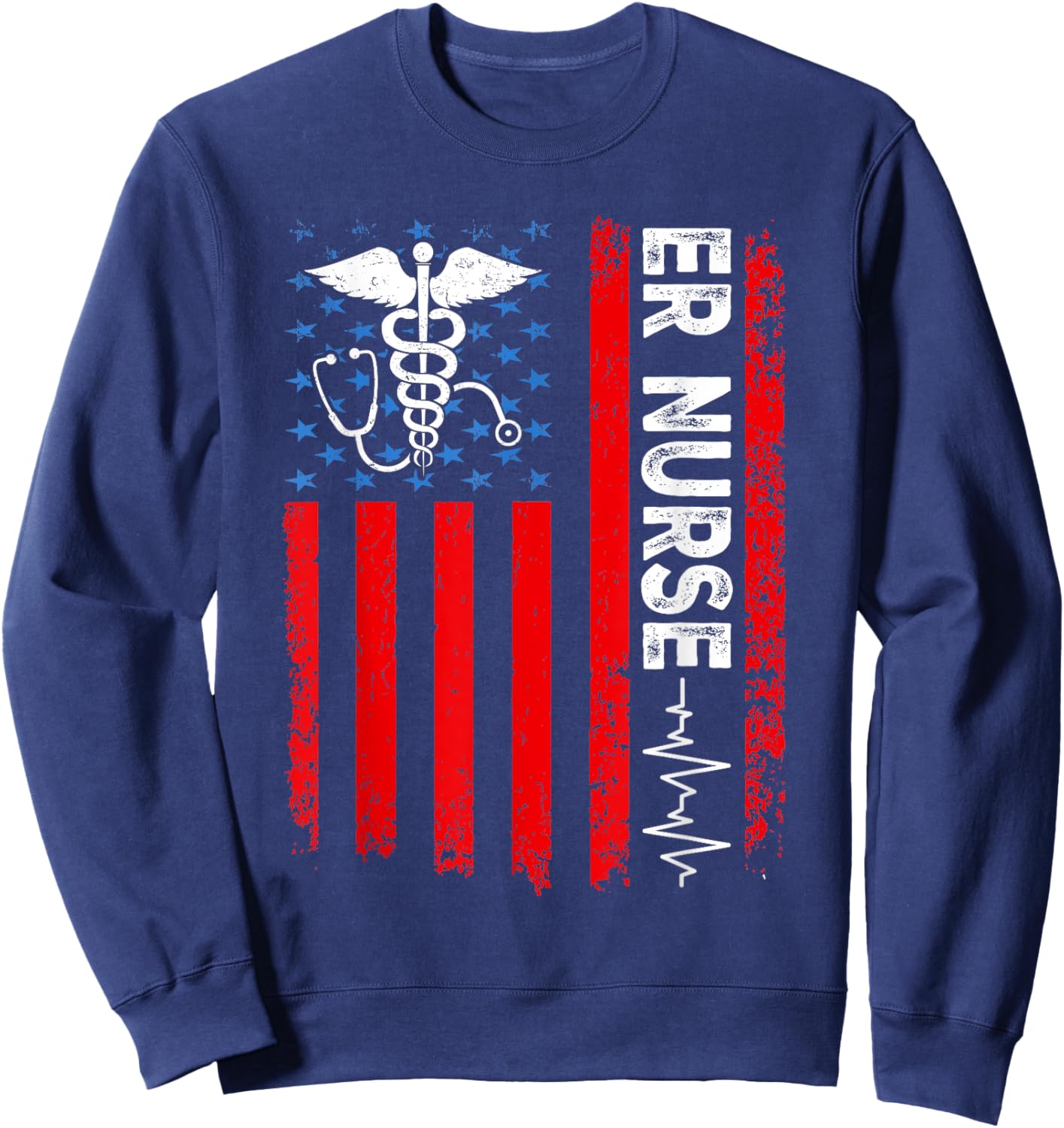 ER Nurse American Flag Patriotic ER Nurse 4th of July Women Men Sweatshirt - Sweatshirt | Navy