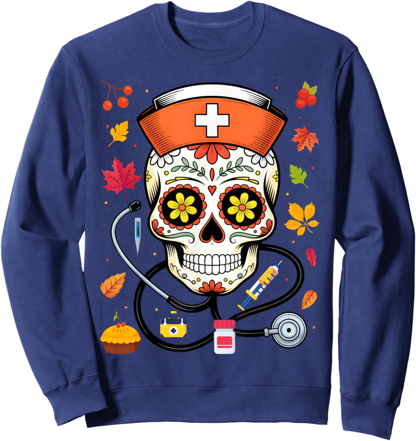 Sugar Skull Nurse Mexican Thanksgiving Fall Autumn Scrub Top Sweatshirt - Sweatshirt | Navy