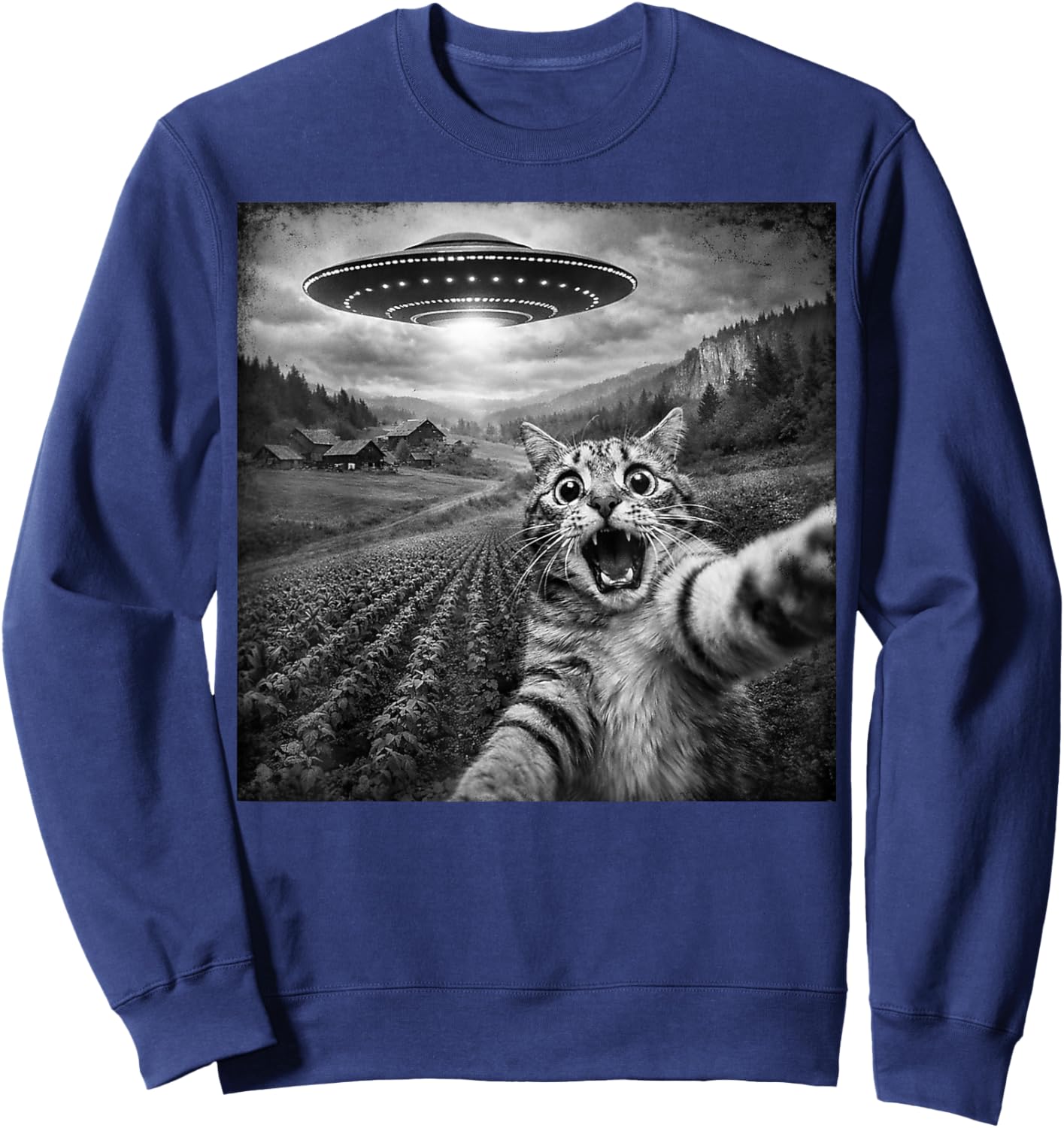 UFO Shirt Men Women Funny Cat Alien UFO Sweatshirt - Sweatshirt | Navy