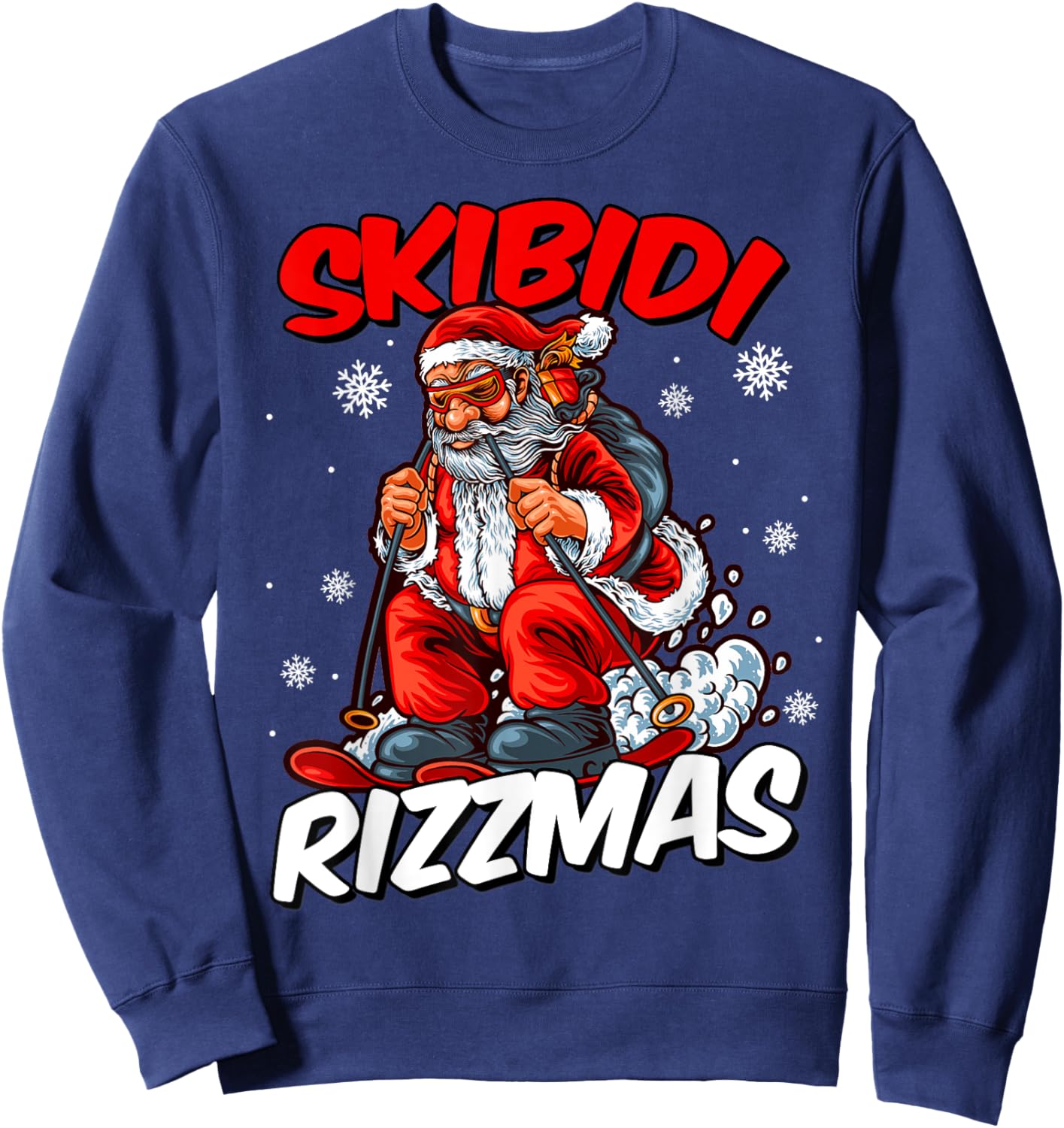Retro Skibidi Rizzmas Funny Santa Clause Skiing_Xmas Sweatshirt - Sweatshirt | Navy