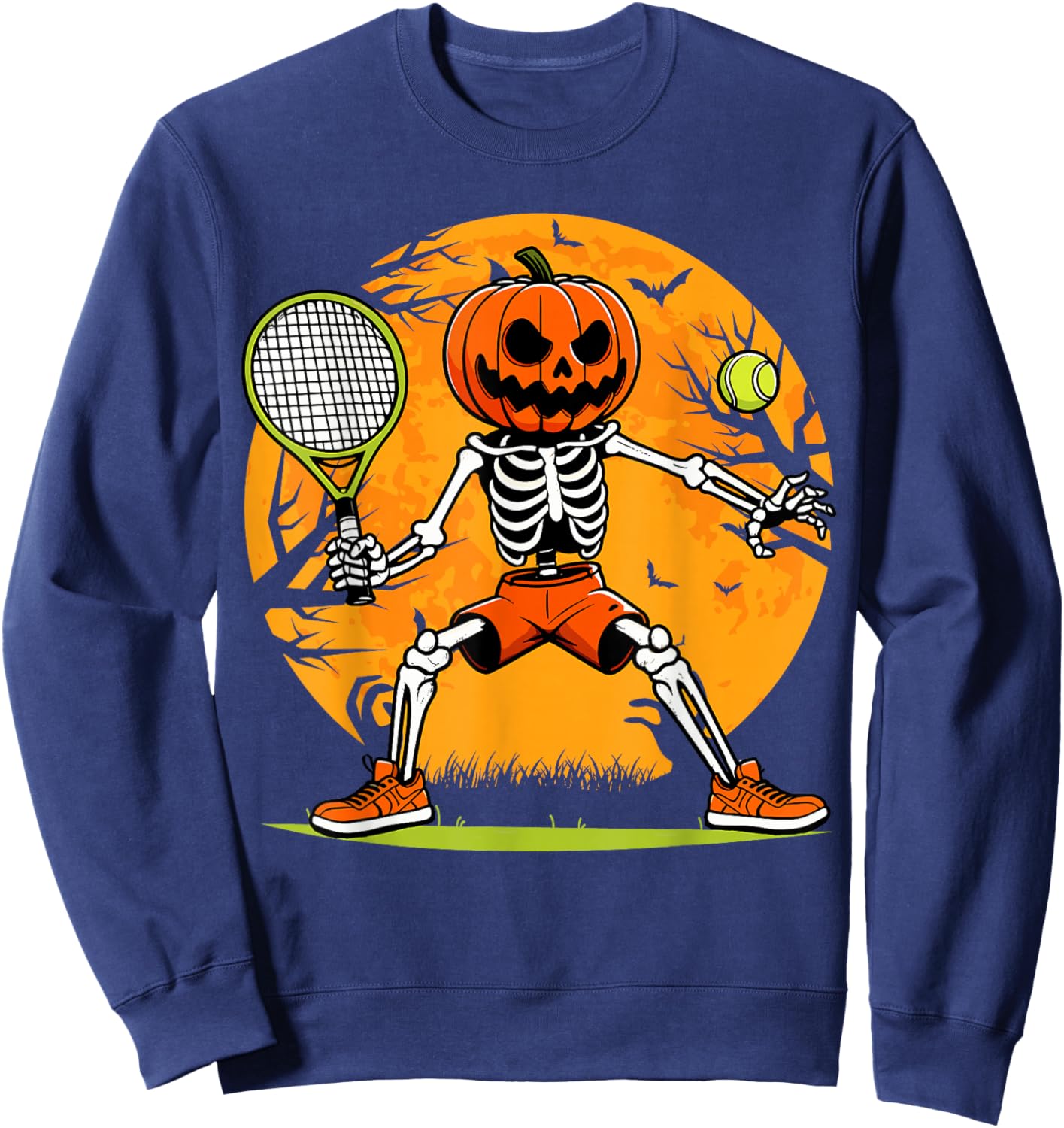 Halloween Tennis Pumpkin Head Skeleton Tennis Halloween Sweatshirt - Sweatshirt | Navy