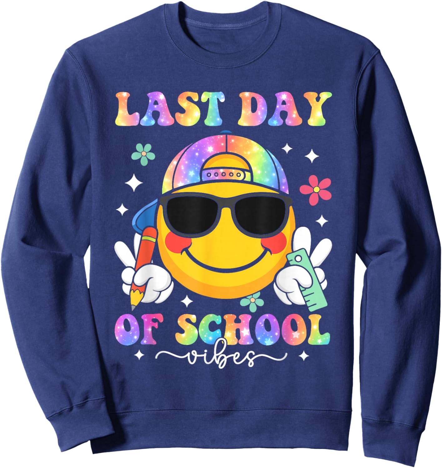 Groovy Last Day of School Vibes Smile Face Graduation Kids Sweatshirt - Sweatshirt | Navy