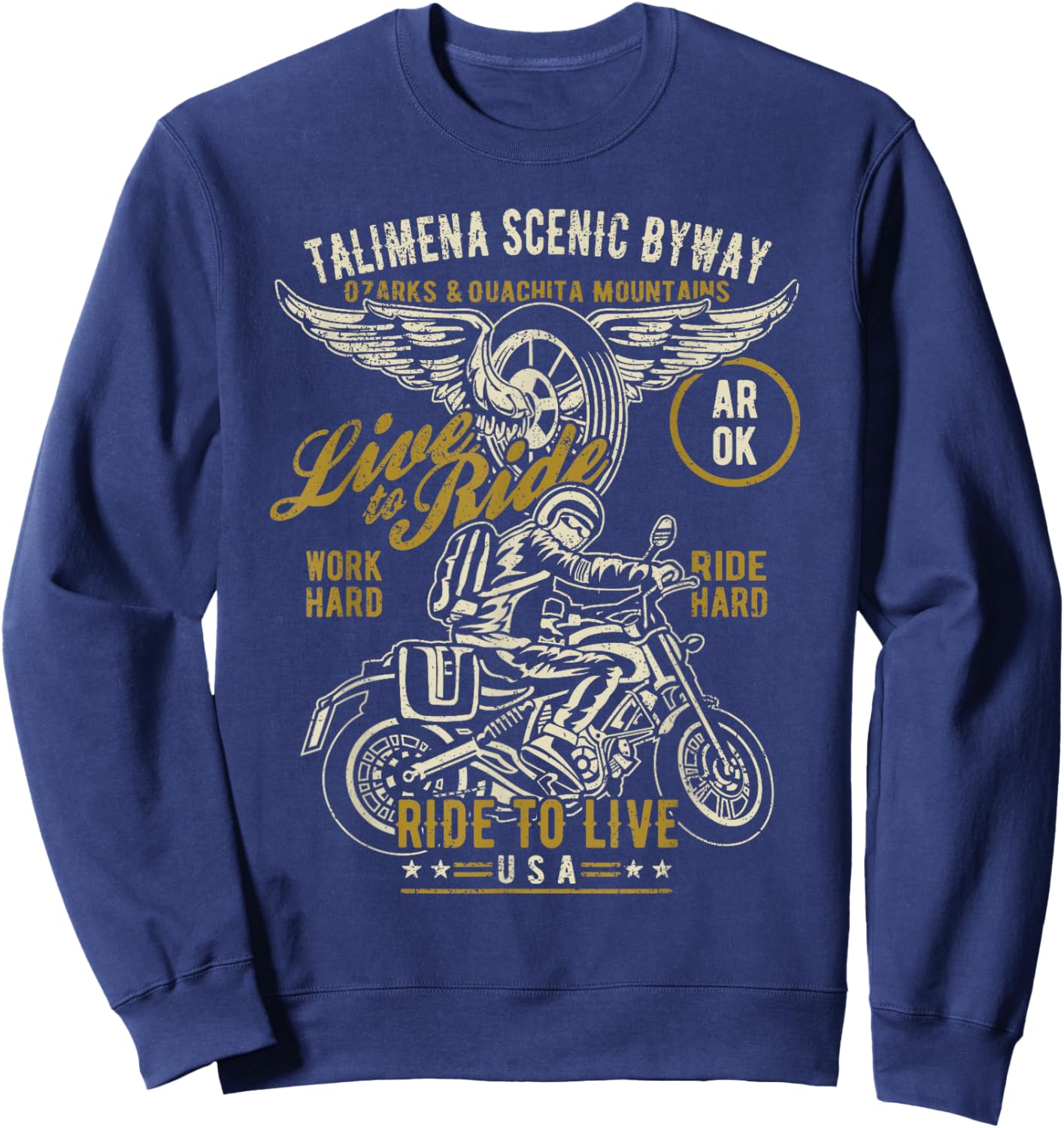 Talimena Scenic Byway AR OK USA Motorcycle Distressed Design Sweatshirt - Sweatshirt | Navy