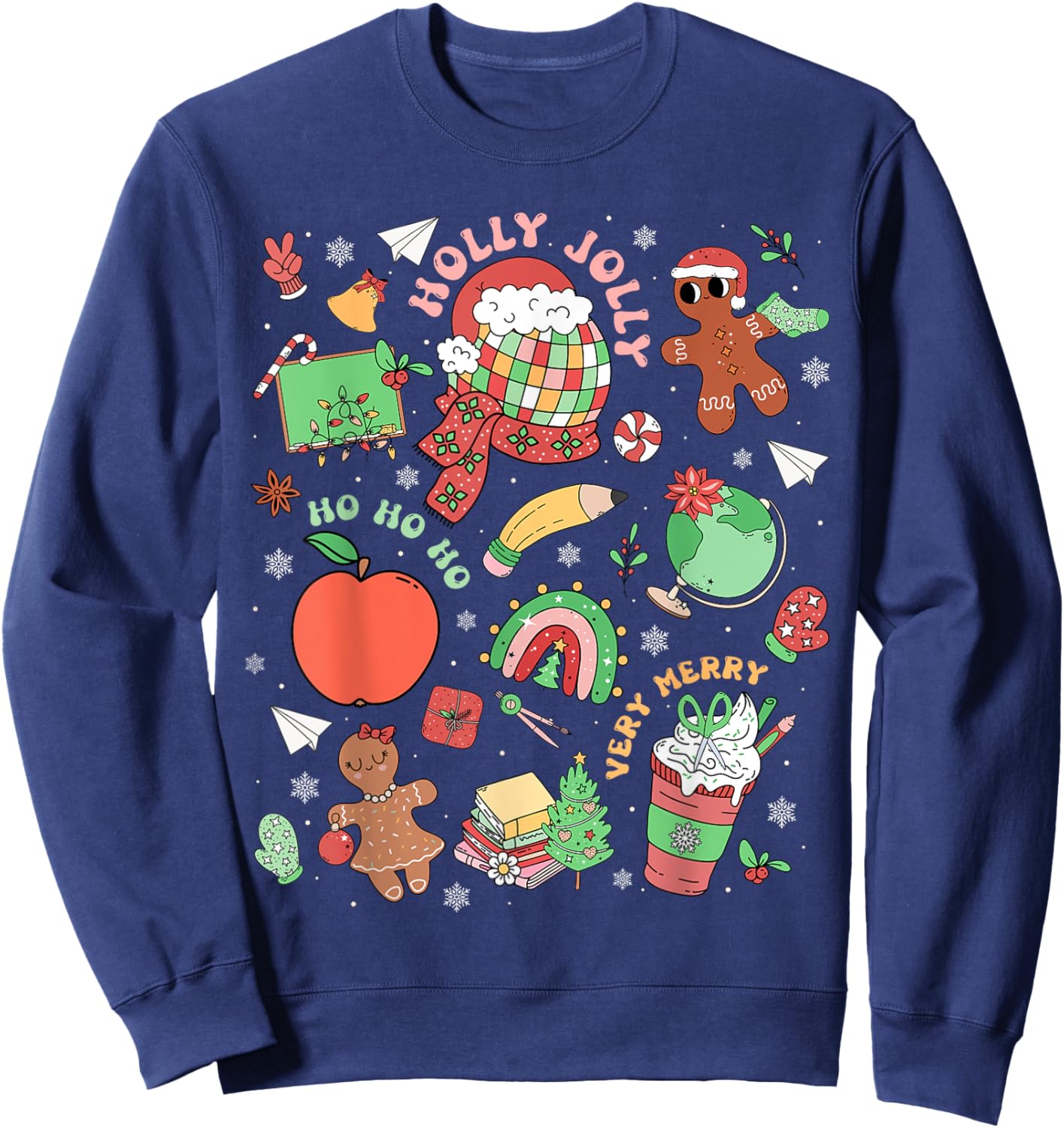 Retro Very Merry Teacher Gingerbread Rainbow Xmas Holiday Sweatshirt - Sweatshirt | Navy
