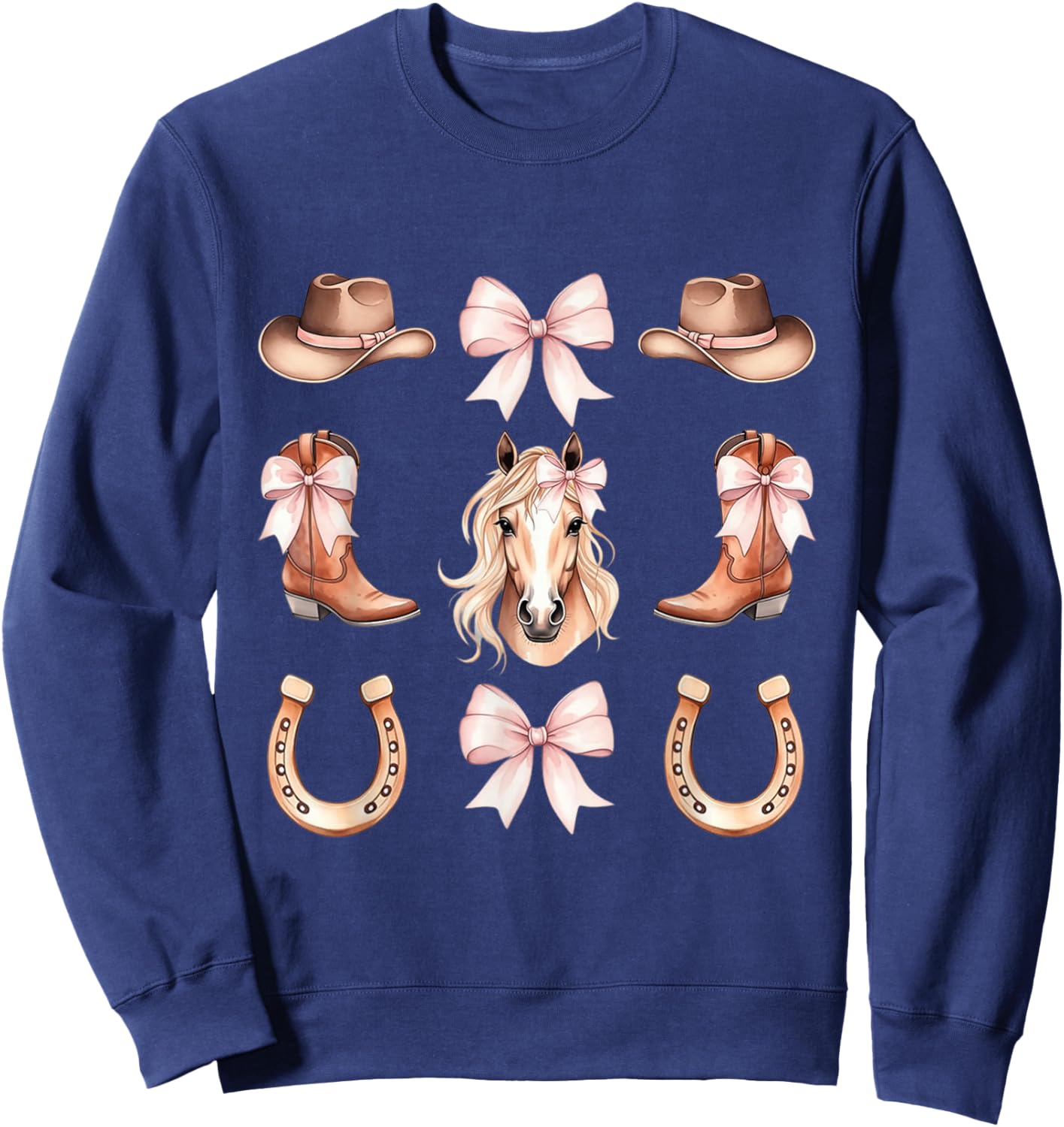 Coquette Cowgirl Aesthetic Horse and Boots with Pink Bows Sweatshirt - Sweatshirt | Navy