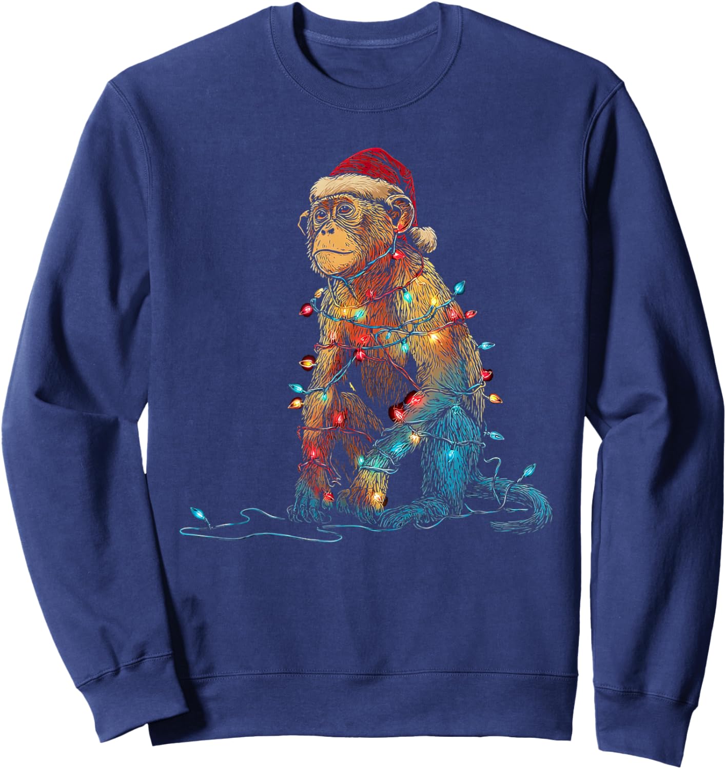 Funny Monkey Christmas Graphics Animal Lights Lover Sweatshirt - Sweatshirt | Navy