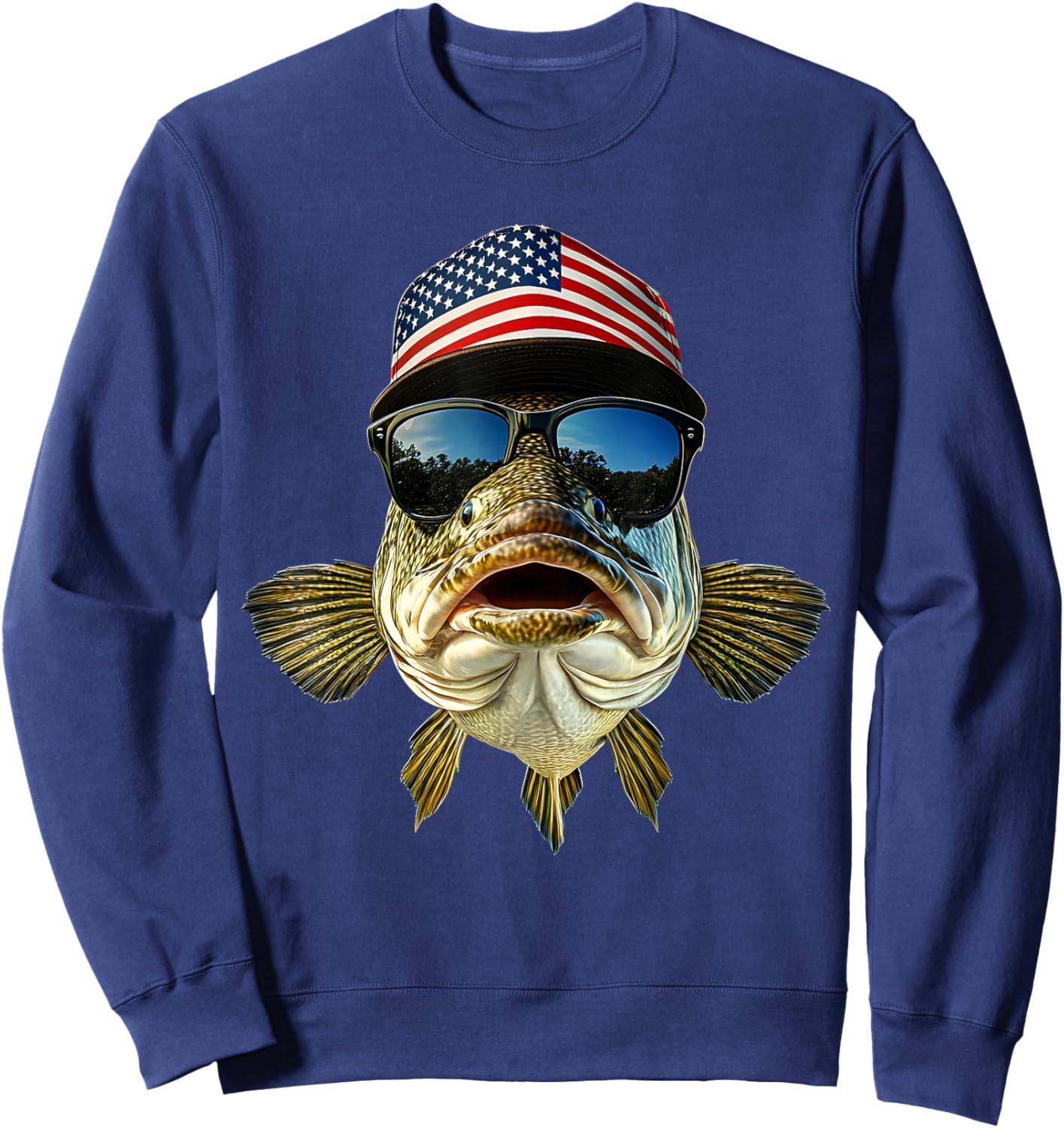 Bass Fishing Outfit USA Flag America Cap and Sunglasses Sweatshirt - Sweatshirt | Navy
