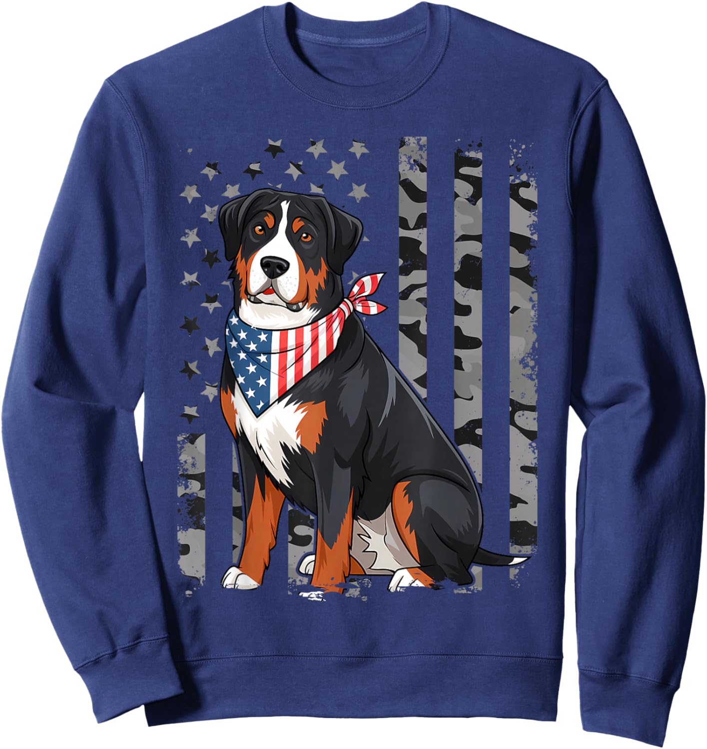 Camo American Flag Greater Swiss Mountain Dog 4th Of July Sweatshirt - Sweatshirt | Navy
