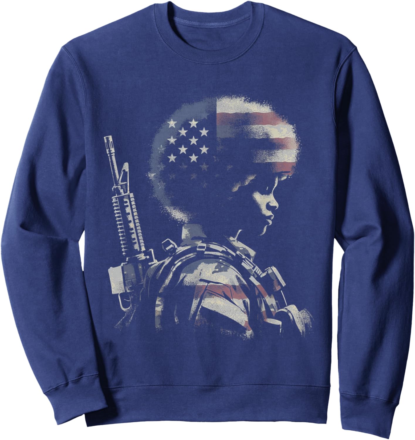 Female Soldier American Flag - Patriotic USA Afro Veteran Sweatshirt - Sweatshirt | Navy