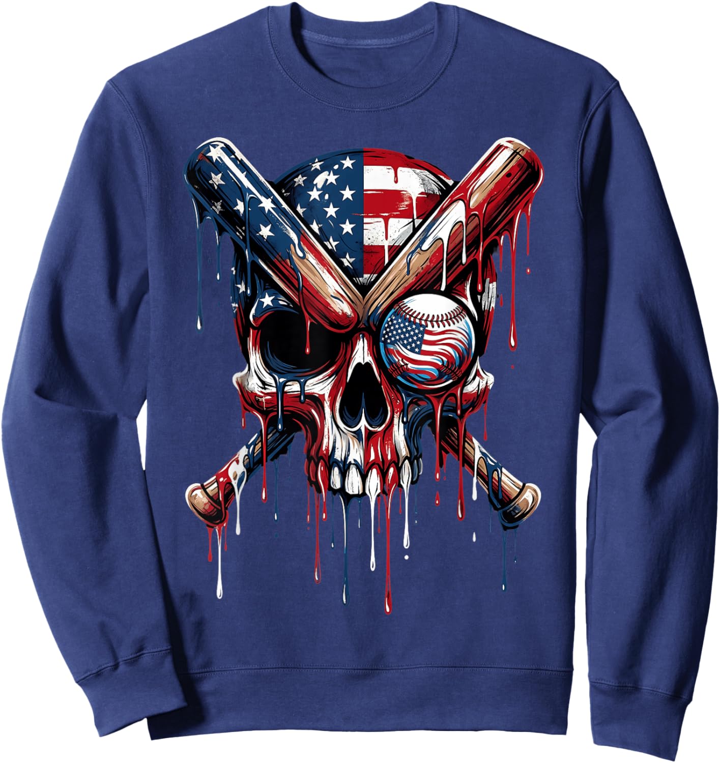 Drip Baseball American Flag Skull Dripping Baseball Player Sweatshirt - Sweatshirt | Navy