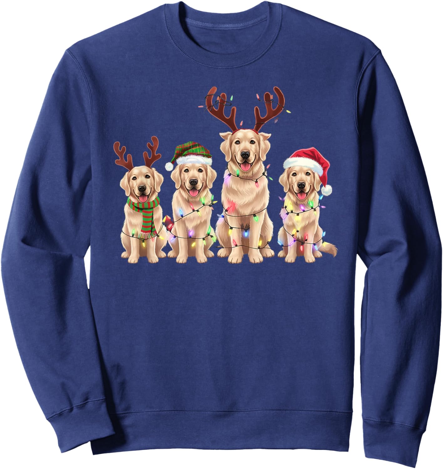 Threadrock -Adults Golden Retrievers Christmas Lights Reindeer Antlers Holiday - Black, Small, Short Sleeve Sweatshirt - Sweatshirt | Navy