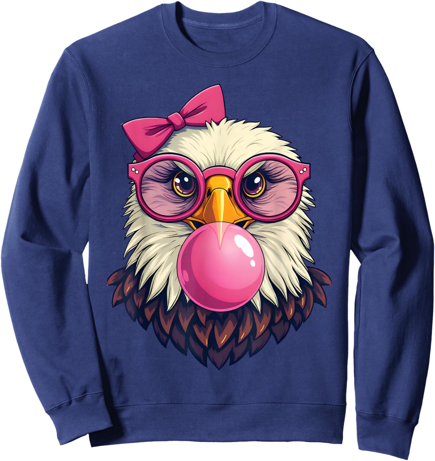 Cute Girl Bald Eagle Glasses Pink Bow Bubble Gum Eagle Lover Sweatshirt - Sweatshirt | Navy