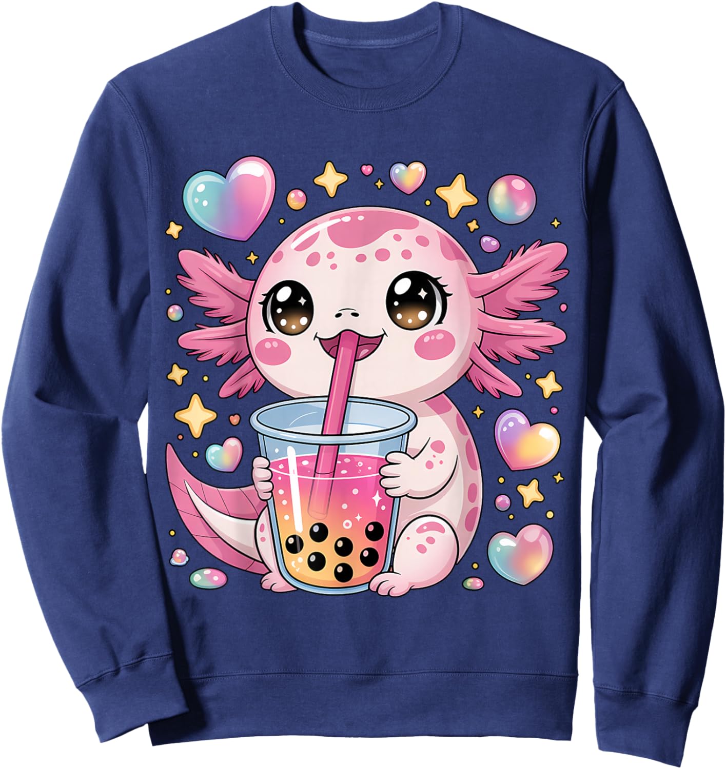 Kawaii Axolotl Bubble Tea for Kids and Teens Anime Cute Boba Sweatshirt - Sweatshirt | Navy