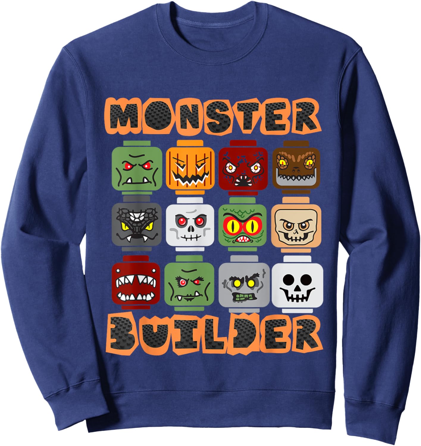 Halloween Building Bricks Monster Builder Brick Head Funny Sweatshirt - Sweatshirt | Navy
