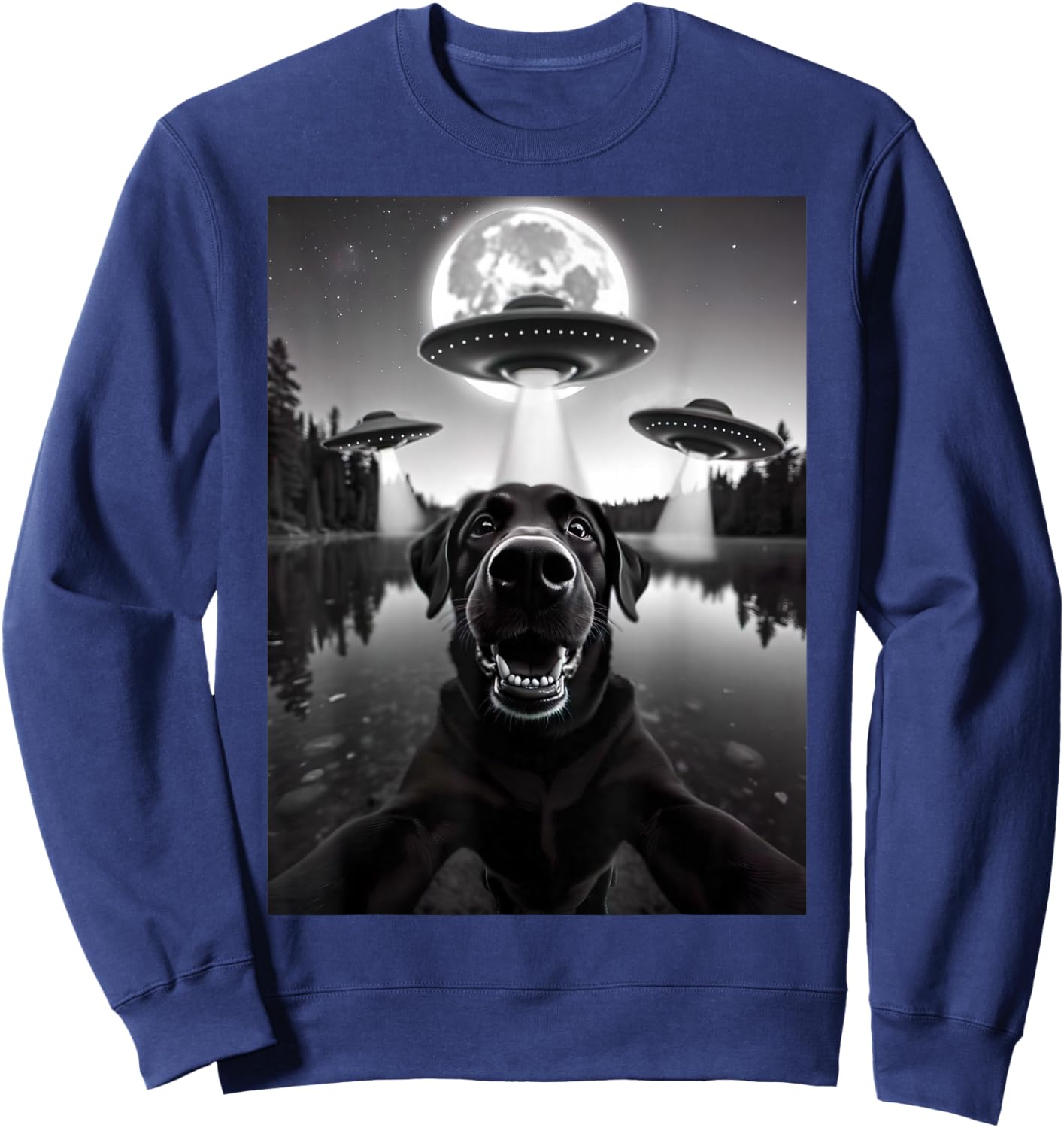 Funny Black Lab Labrador Dog Selfie with UFOs Weird Aliens Sweatshirt - Sweatshirt | Navy