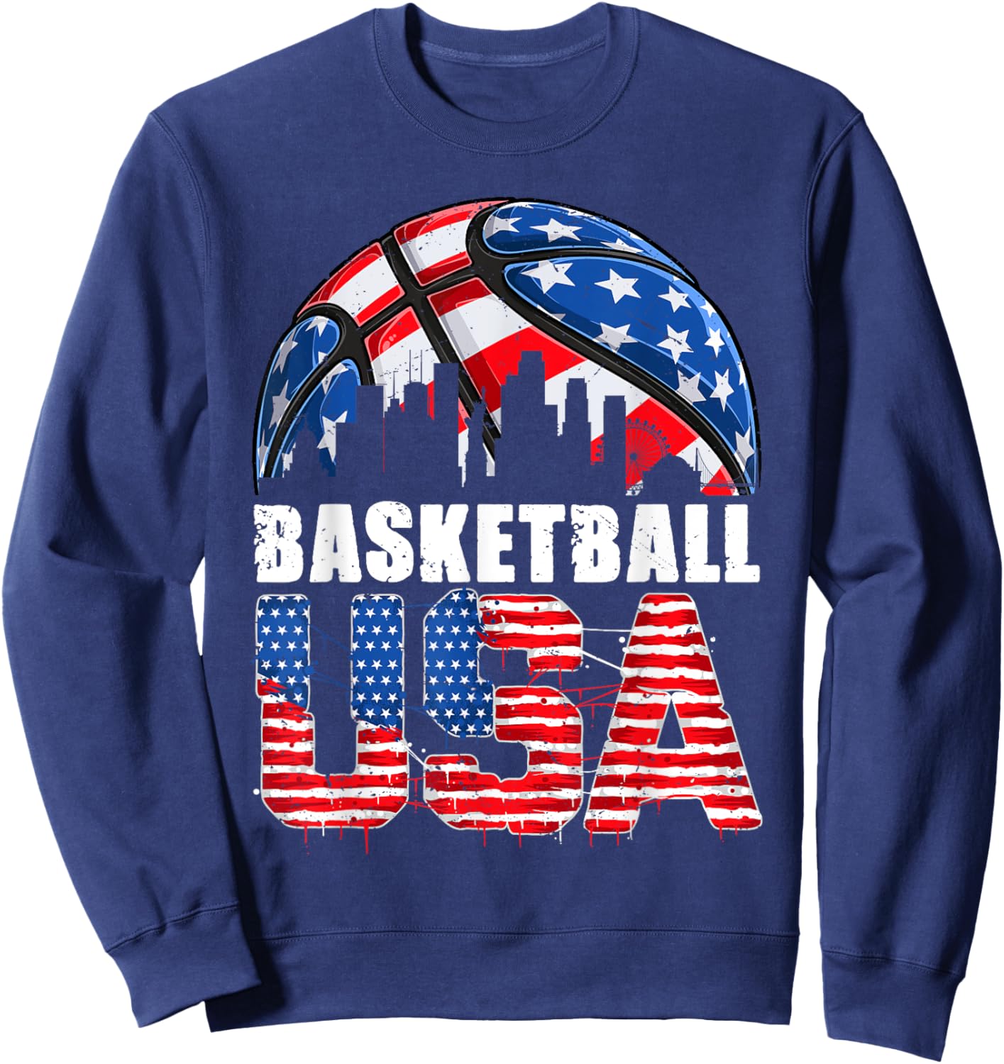 Funny Basketball Lovers Fans USA American Flag 4th Of July Women Kids Men Sweatshirt - Sweatshirt | Navy