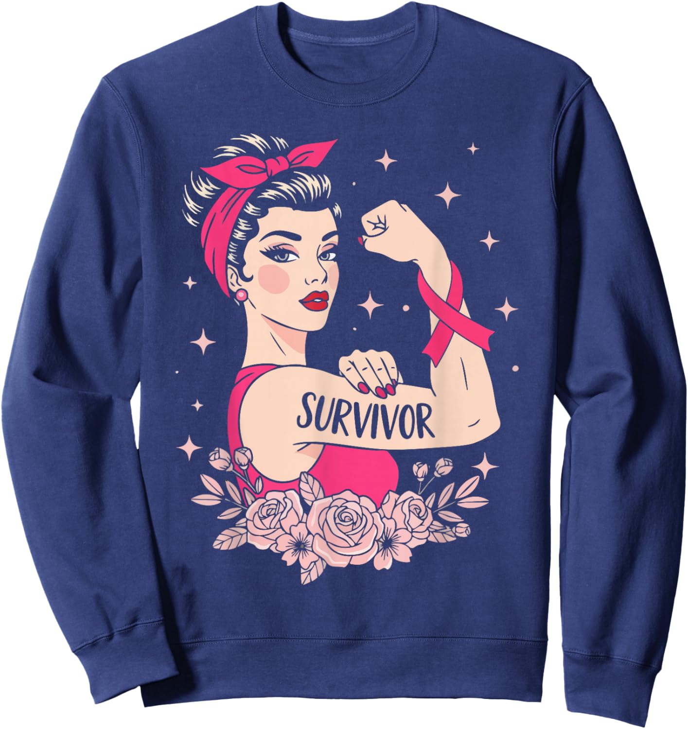 Breast Cancer Survivor Rosie Riveter Pink Awareness Women Sweatshirt - Sweatshirt | Navy