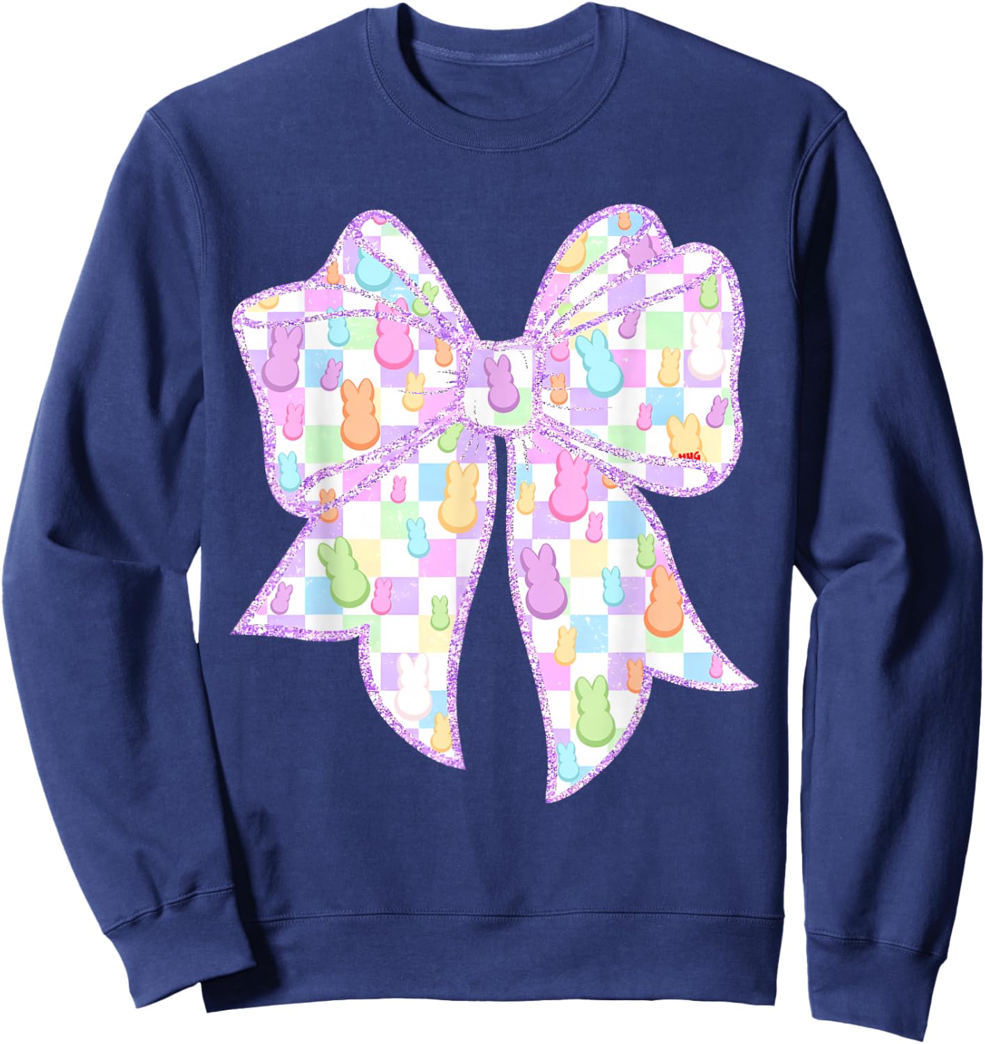 Funny Bunny Coquette Bow Rabbit Eggs Happy Easter Checkered Sweatshirt - Sweatshirt | Navy