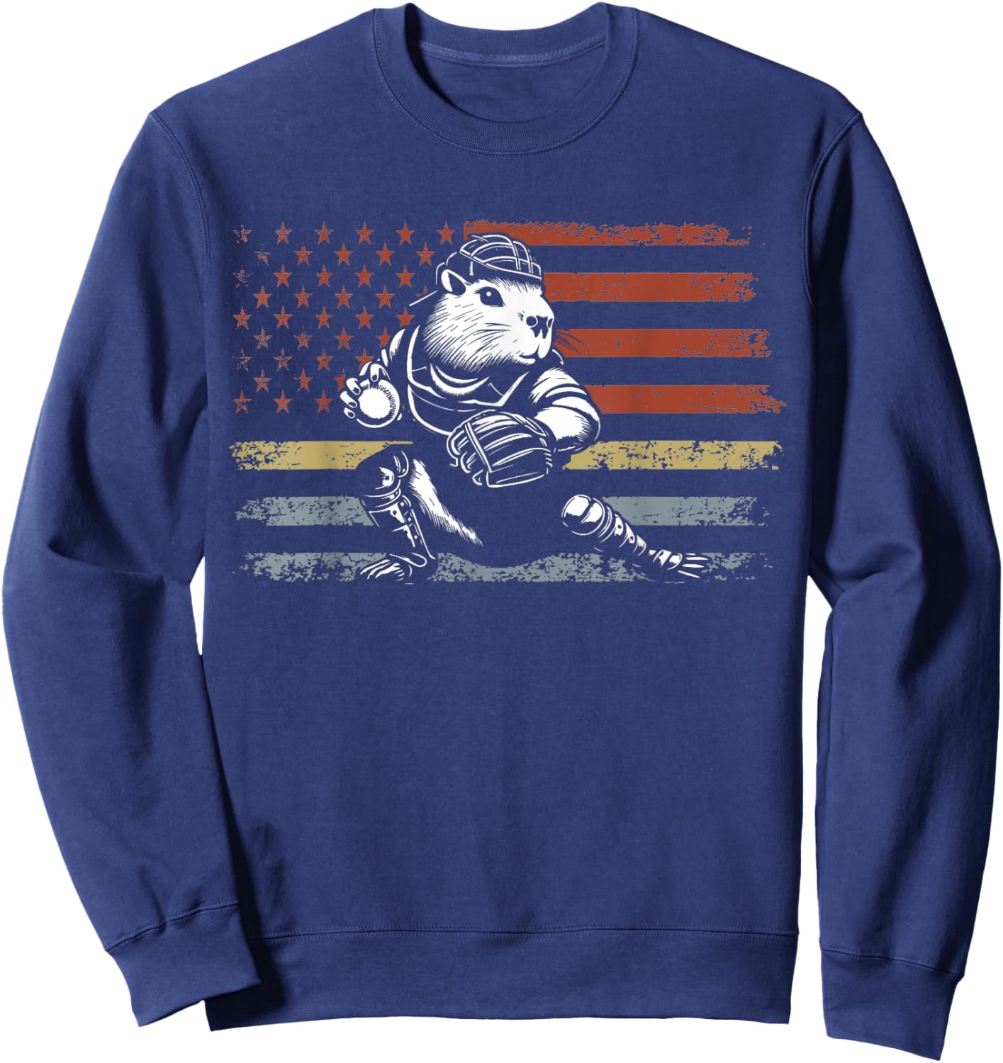 Capybara Baseball Retro Usa Flag Capybara Catcher Baseball Sweatshirt - Sweatshirt | Navy