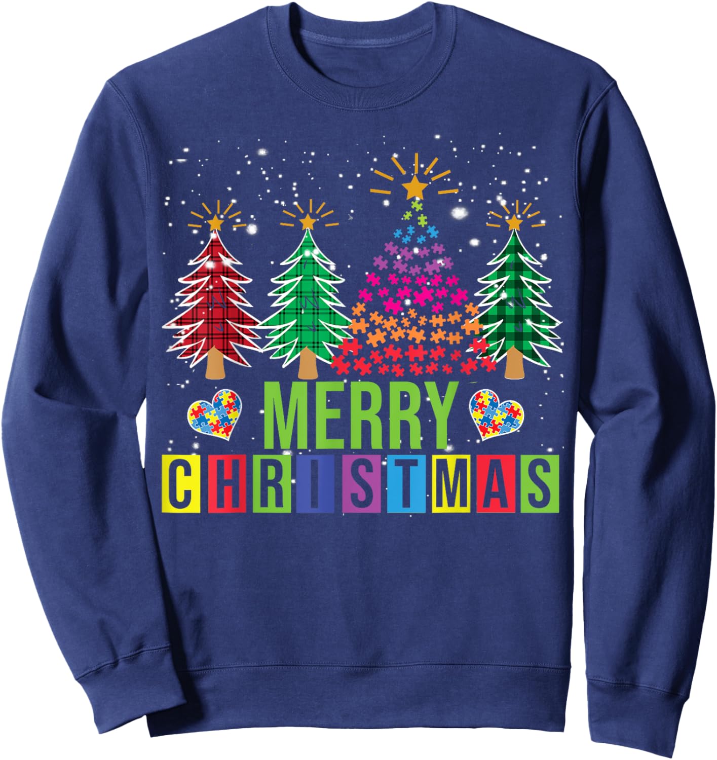 Autism Merry Christmas Tree Buffalo Plaid Matching Family Sweatshirt - Sweatshirt | Navy