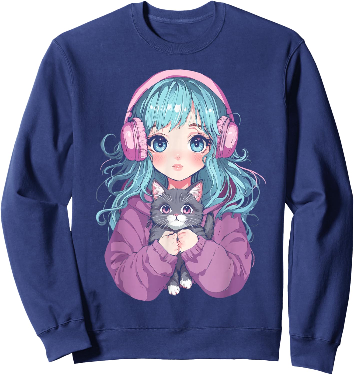 Anime Girl Cat Japanese Kawaii Teens Girls Sweatshirt - Sweatshirt | Navy