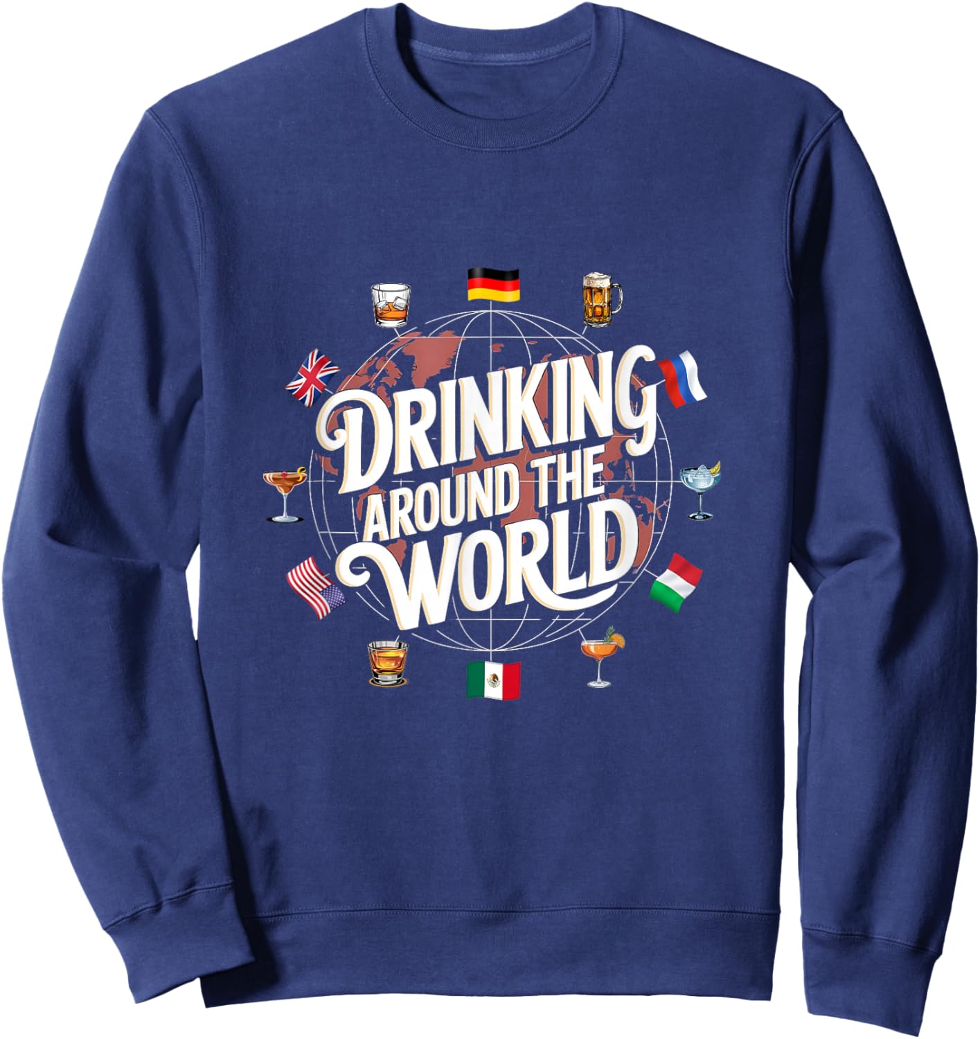 Funny Drinking Around The World Drink - Funny Drinking Around The World Drink - Black - -Adults - Short Sleeve - - Polyester 100% - Modern Cartoon Round Collar - Small Sweatshirt - Sweatshirt | Navy
