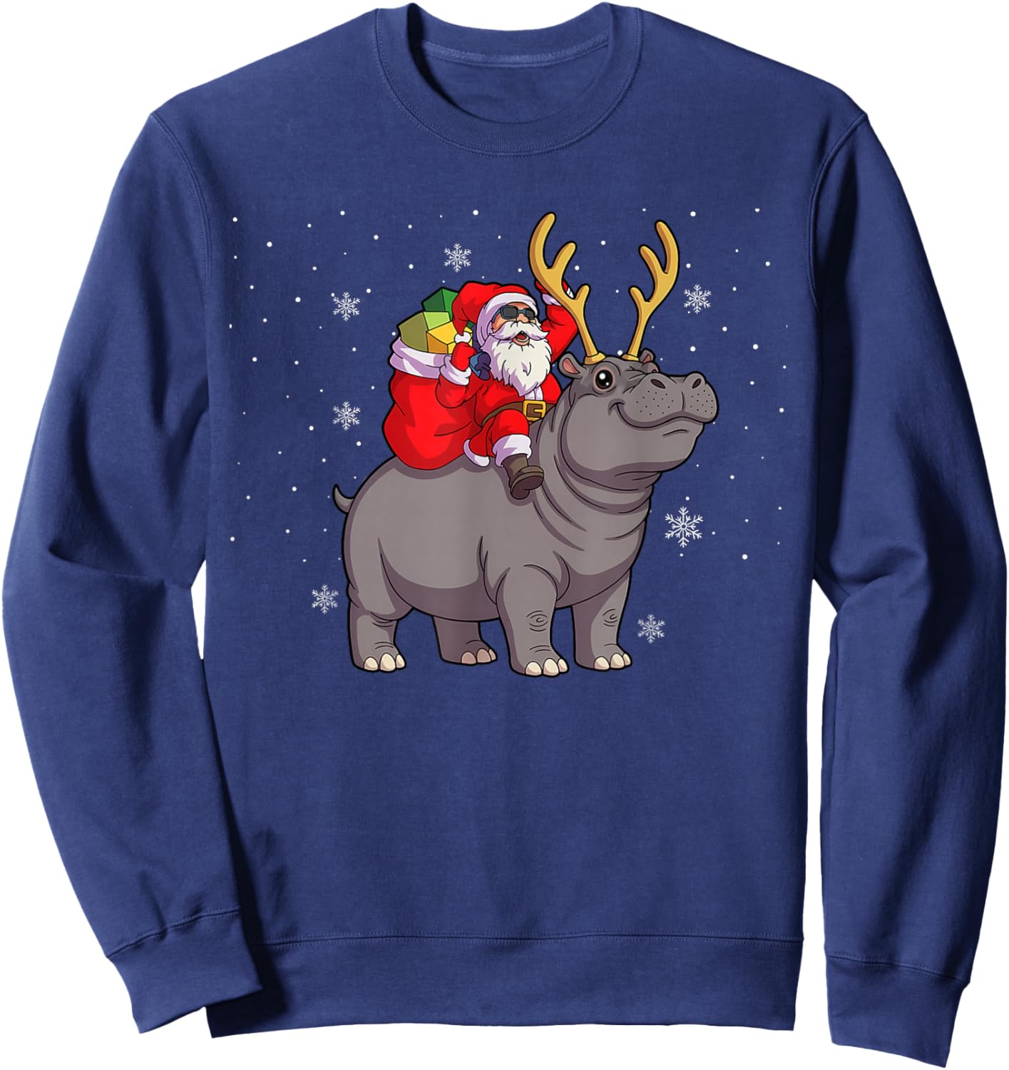 Santa Riding Hippo Deer Xmas Hippo Christmas Sweatshirt - Sweatshirt | Navy