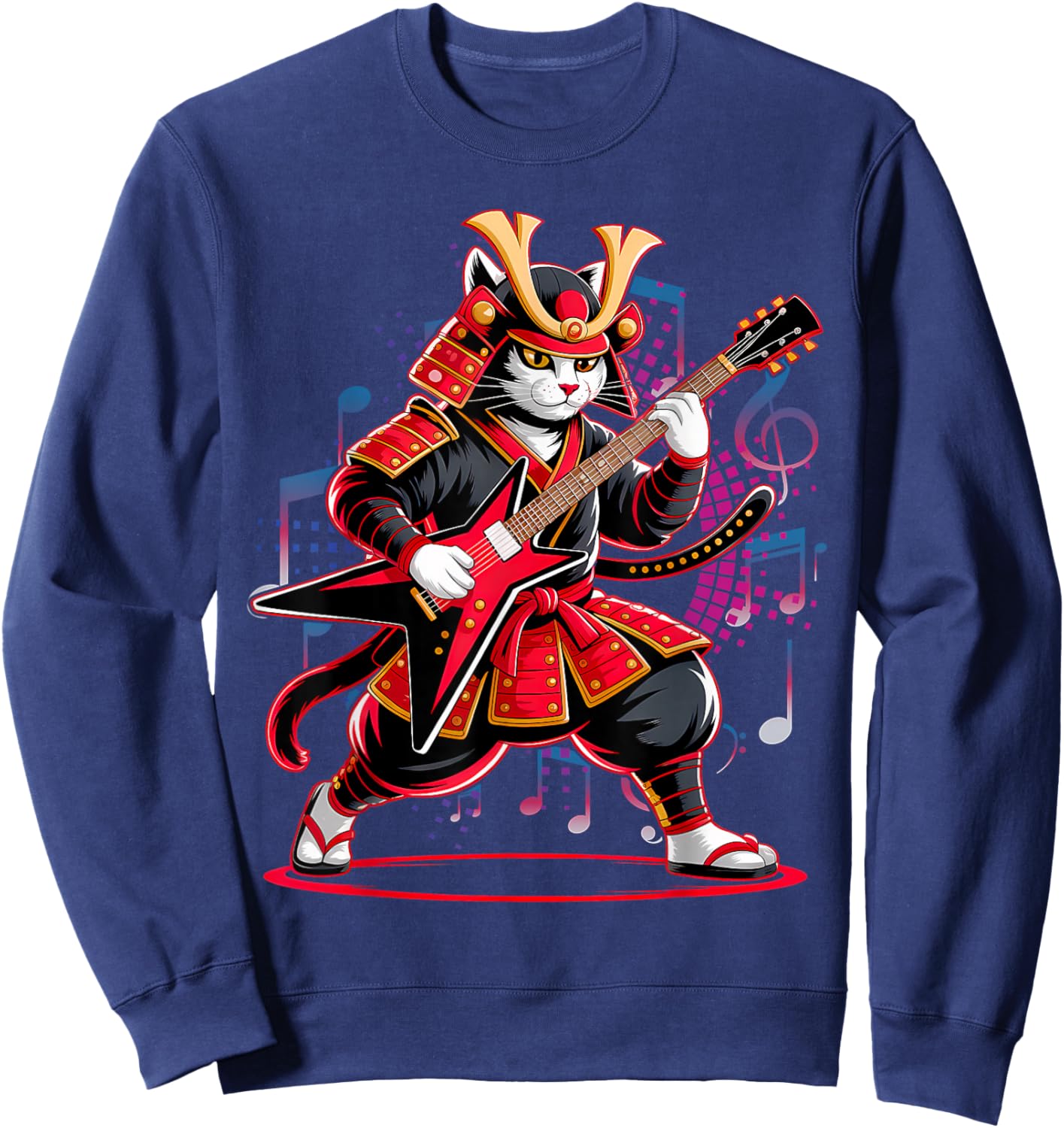 Japanese Samurai Cat Playing Electric Guitar Player Sweatshirt - Sweatshirt | Navy