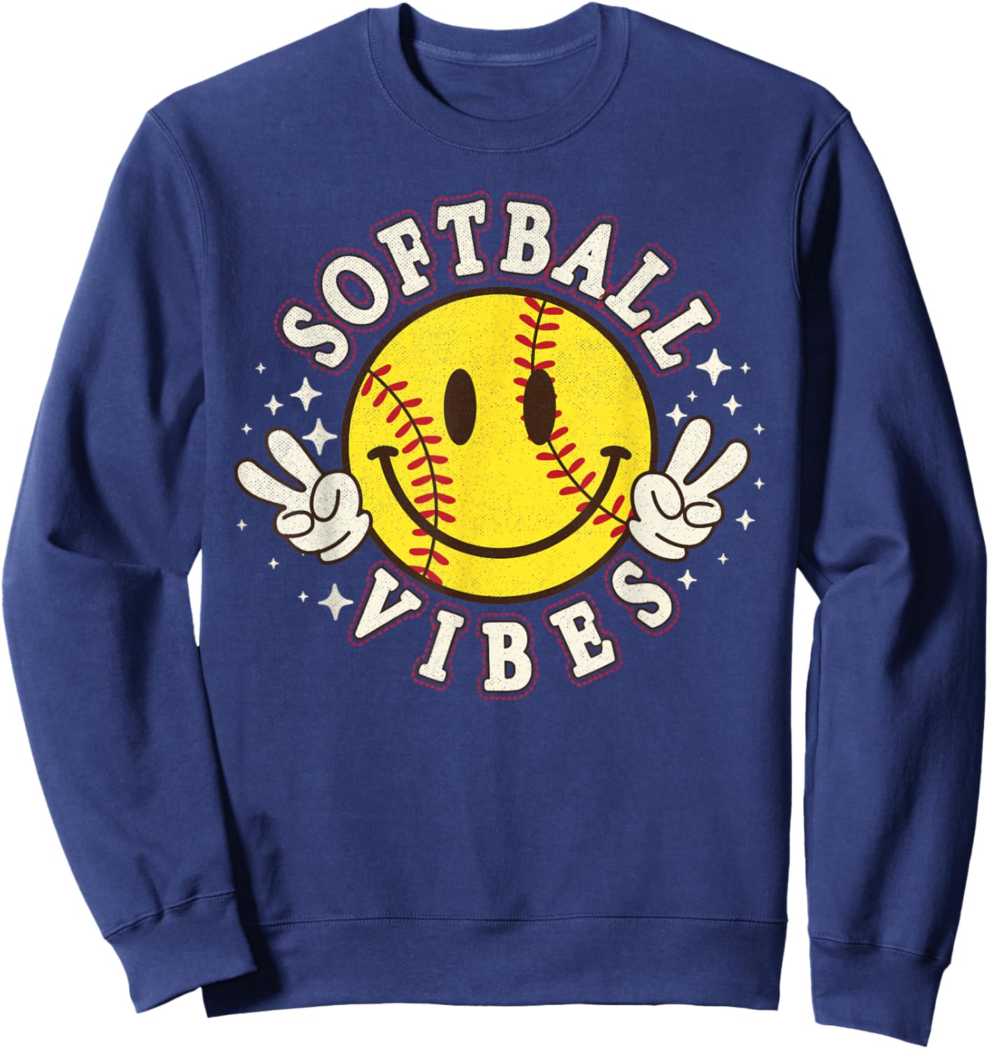 Softball Vibes Smile Face Game Day Softball Life Mom Retro Sweatshirt - Sweatshirt | Navy