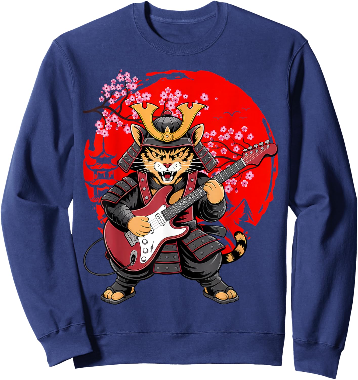 Vintage Japanese Ukiyo-e Art Samurai Cat Playing Guitar Men Sweatshirt - Sweatshirt | Navy