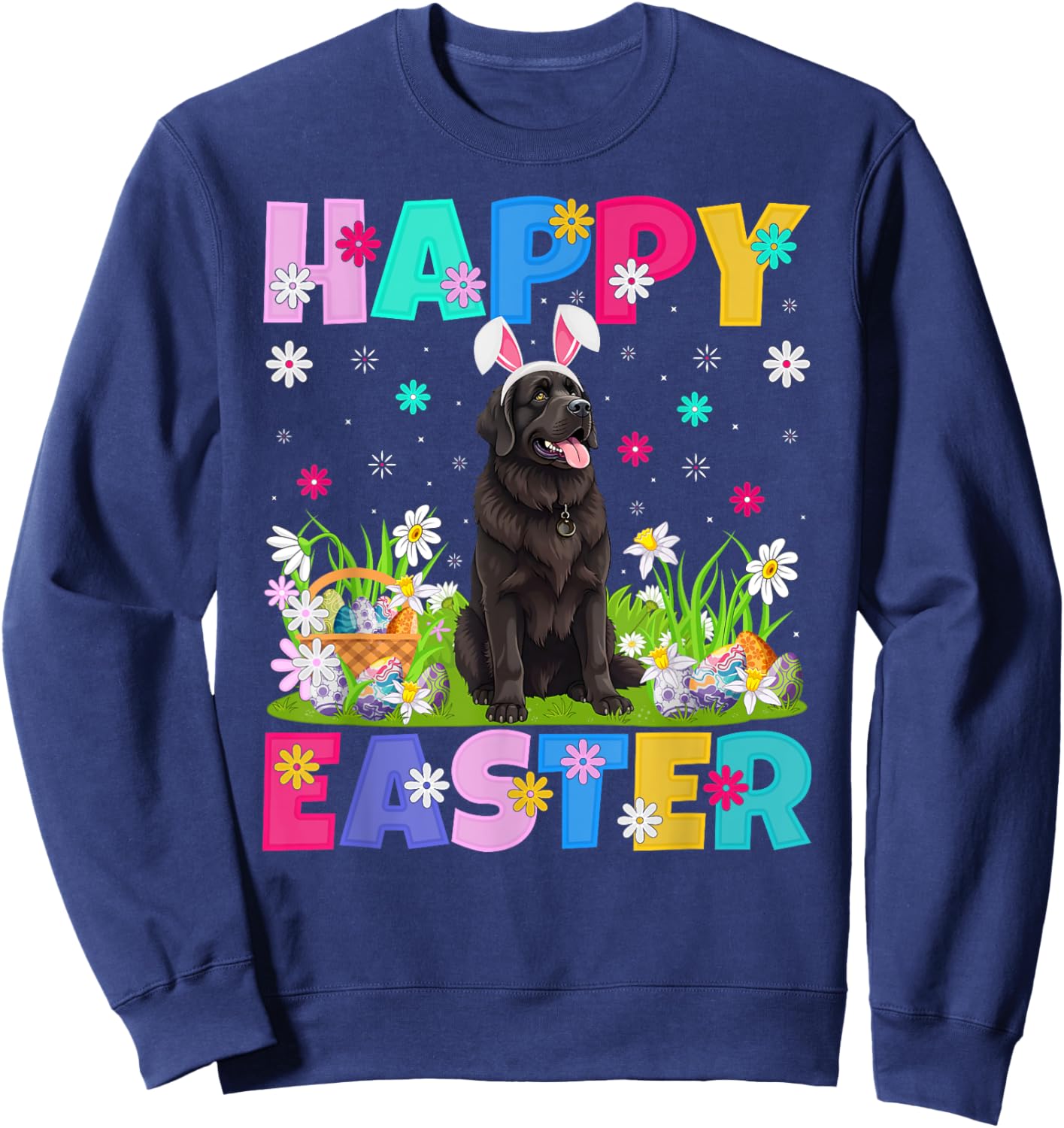 Newfoundland Dog Happy Easter Egg Hunt Bunny Ear Easter Sweatshirt - Sweatshirt | Navy