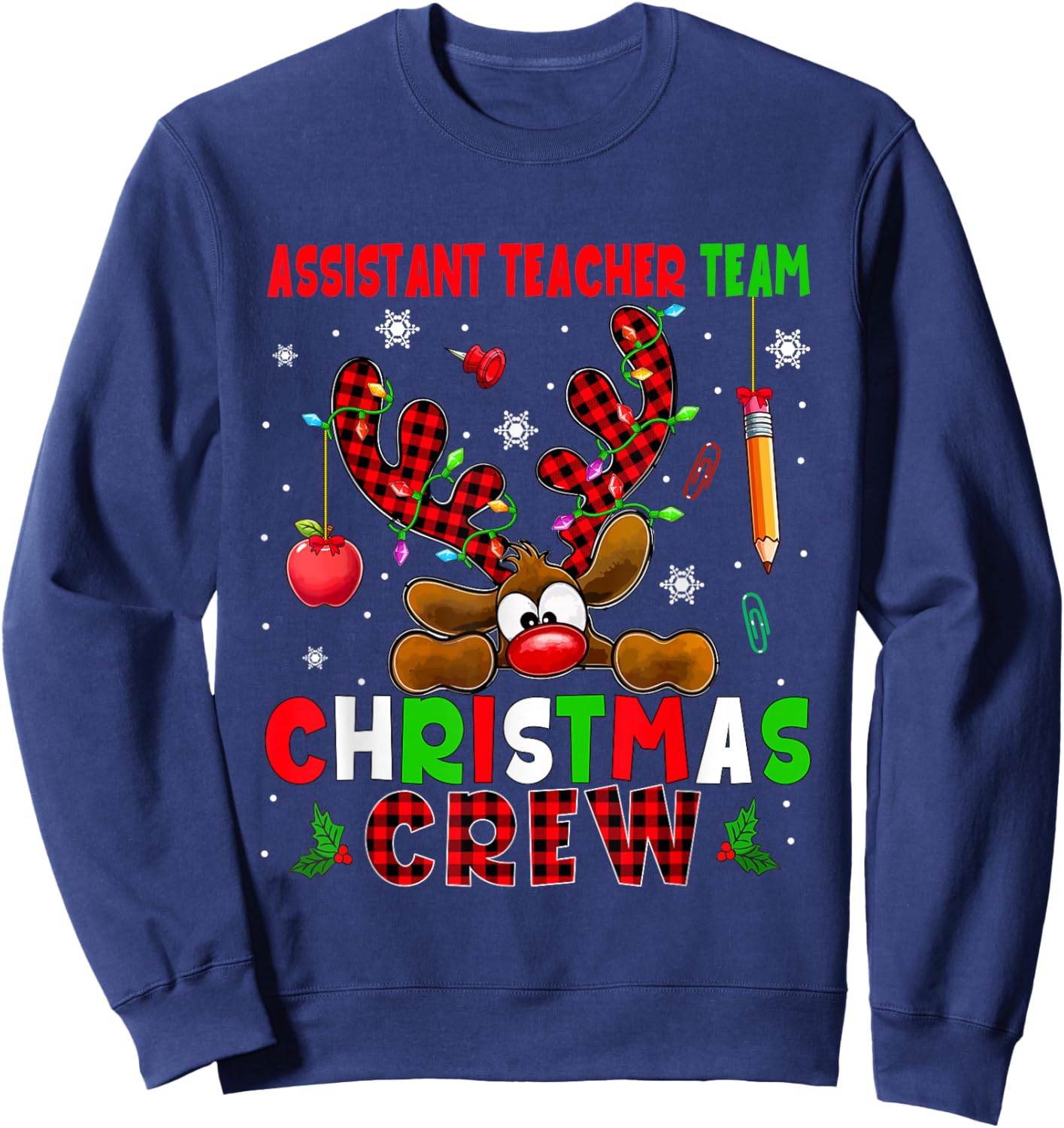 Assistant Teacher Team Christmas Crew Job Colorful Reindeer Sweatshirt - Sweatshirt | Navy